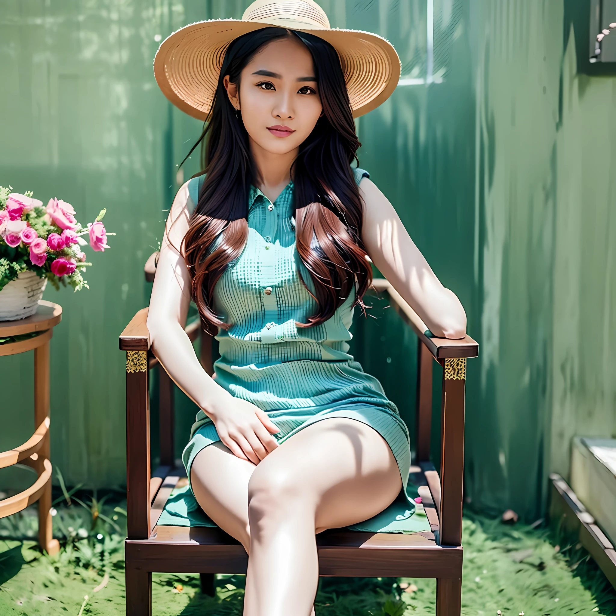 there is a woman sitting in a chair , nivanh chanthara, 30 years old woman, thawan duchanee, in style of thawan duchanee, beautiful image, selfie photo, on a sunny day, cute photo, 2 , 2 8 years old2