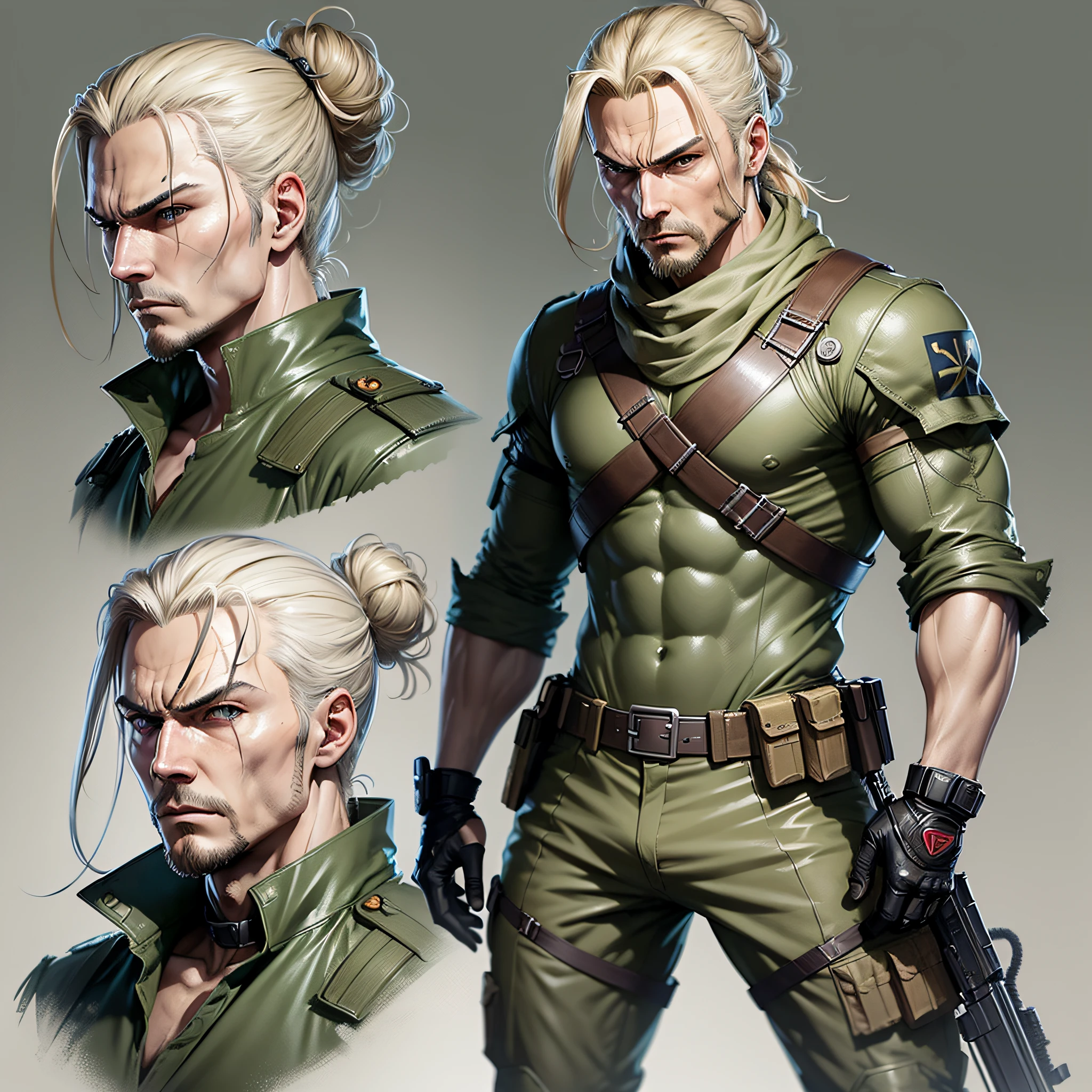 character ANIME man, FULL BODY, standing, GOVERNOR, long blonde hair tied, hair shaved, hair bun samurai, ((design sketches)), (masterpiece), extremely detailed, (original design reserved), governor, MGS3 t (random poses),(unique accessories), (clean clothes), (elegant) professionally retouched, white background, (male: 1.1) soldier, rich (government officer bail r: 0.8), (dirty: 1.1), (movement: 0.8), (young: 1.3), (sprint: 0.6) (metal gear solid 3 concept) (ocelot concept Metal gear solid 3) (The Walking Dead concept) (Vikings concept) --auto --s2