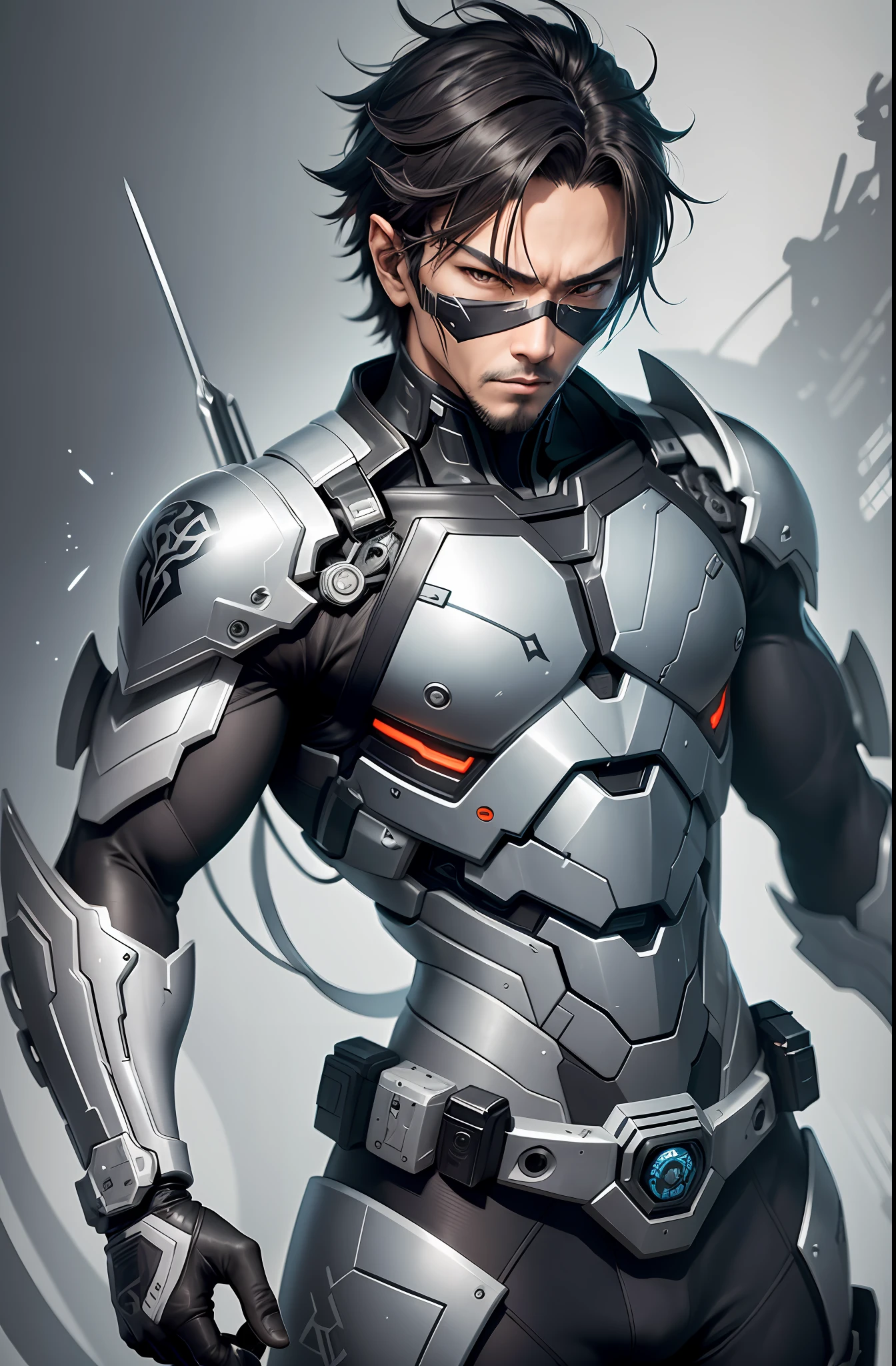 shinkawa youji, cyborg ninja, 1boy, cyborg, greyscale, male focus, monochrome, ninja, solo, sword, weapon, ((masterpiece))Generate an detailed male Human cyborg hybrid, this prompt creates a captivating depiction of a detailed Human cyborg hybrid, showcasing the seamless fusion of organic and mechanical and cybernetic elements. The fighter class cyborg should possess advanced technology, seamlessly integrated with its biological features, resulting in a formidable and visually stunning being that captures the imagination. Strike a balance between the natural world and cutting-edge tech in this one-of-a-kind design, --auto --s2
