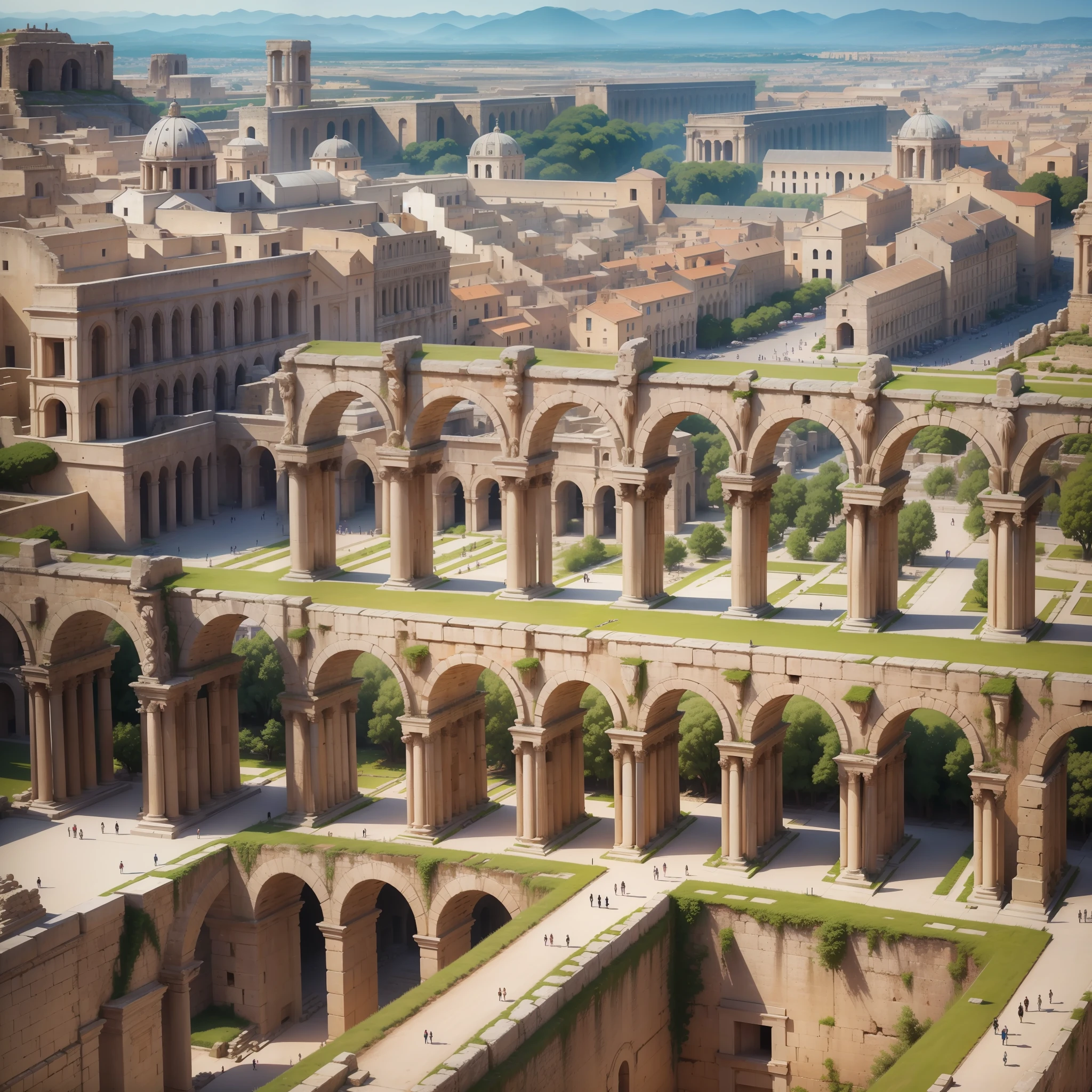 Very detailed and high quality photos, masterpiece, best quality, 8k) top down close up view ancient Roman city, temples, aqueducts, statues, markets, plazas, Ancient Roman Architecture, with streets filled with people