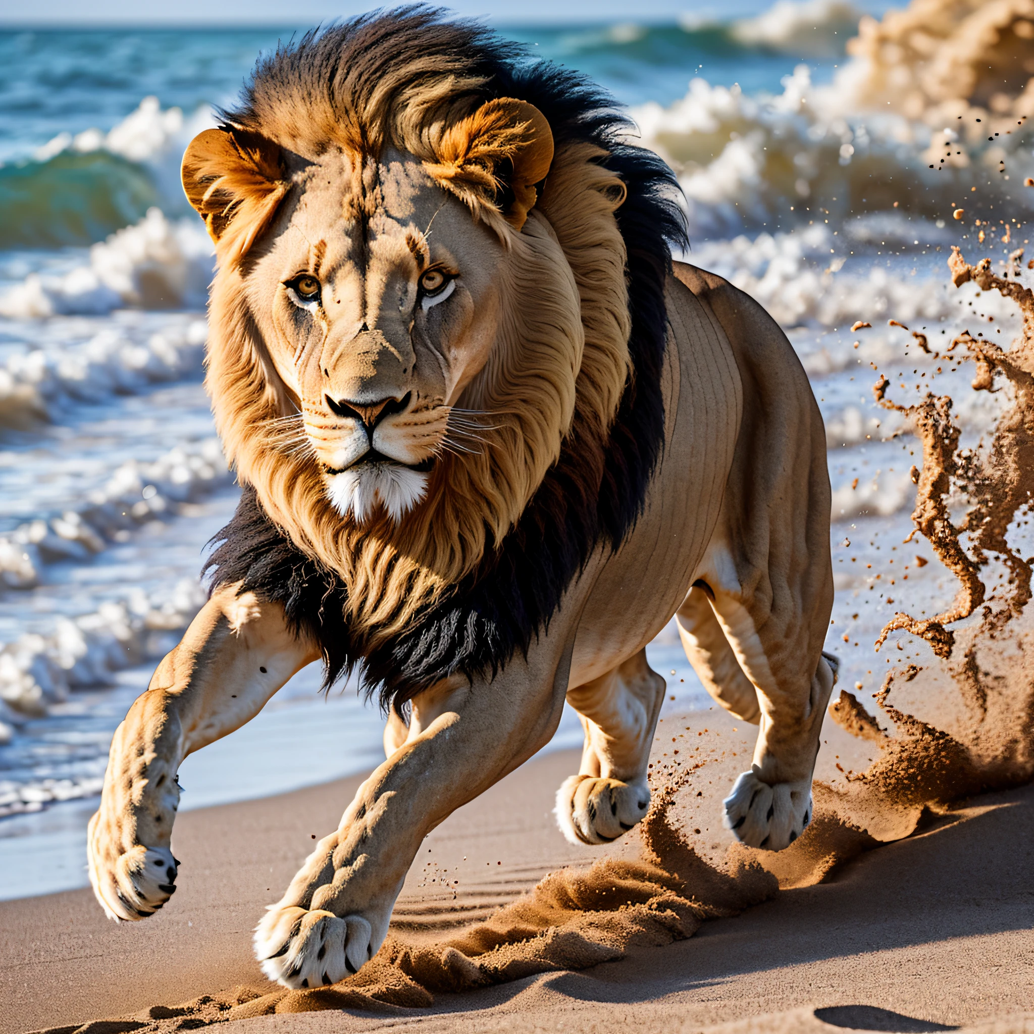 (lion running on beach sand) 8k, uhd, servera low lighting, high quality, sharp focus, Fujifilm XT3 --auto --s2