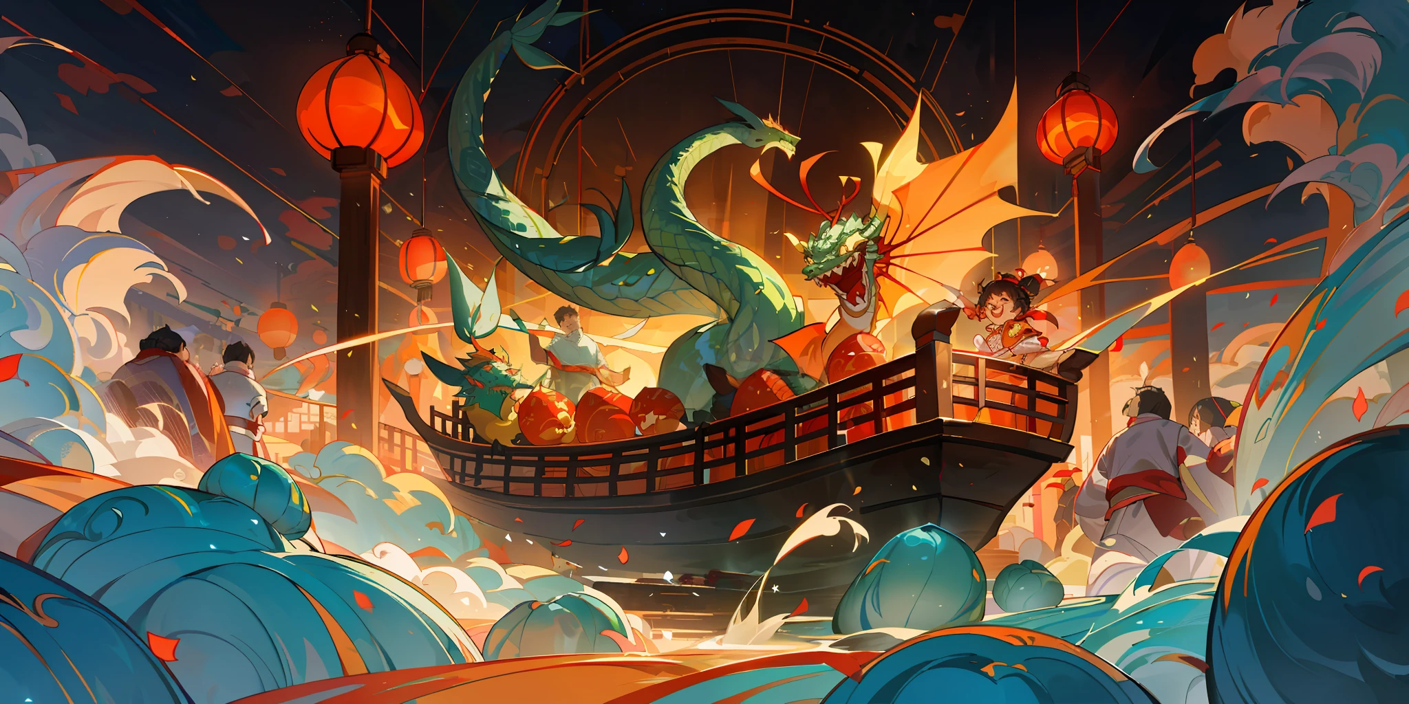 (extremely detailed CG unity 8k wallpaper, masterpiece, best quality, ultra-detailed), best lighting, rich colors, beautifully bright, floating, traditional Chinese elements, festive atmosphere, dragon boat, dumplings, zongzi, a lot of dancing fans, cheerful, happy people, bright smiles, warm sunlight, (many red lights + dragon boat: 1.2), bright vegetation, clear water, (many spectators + 1: 1.1), exciting atmosphere