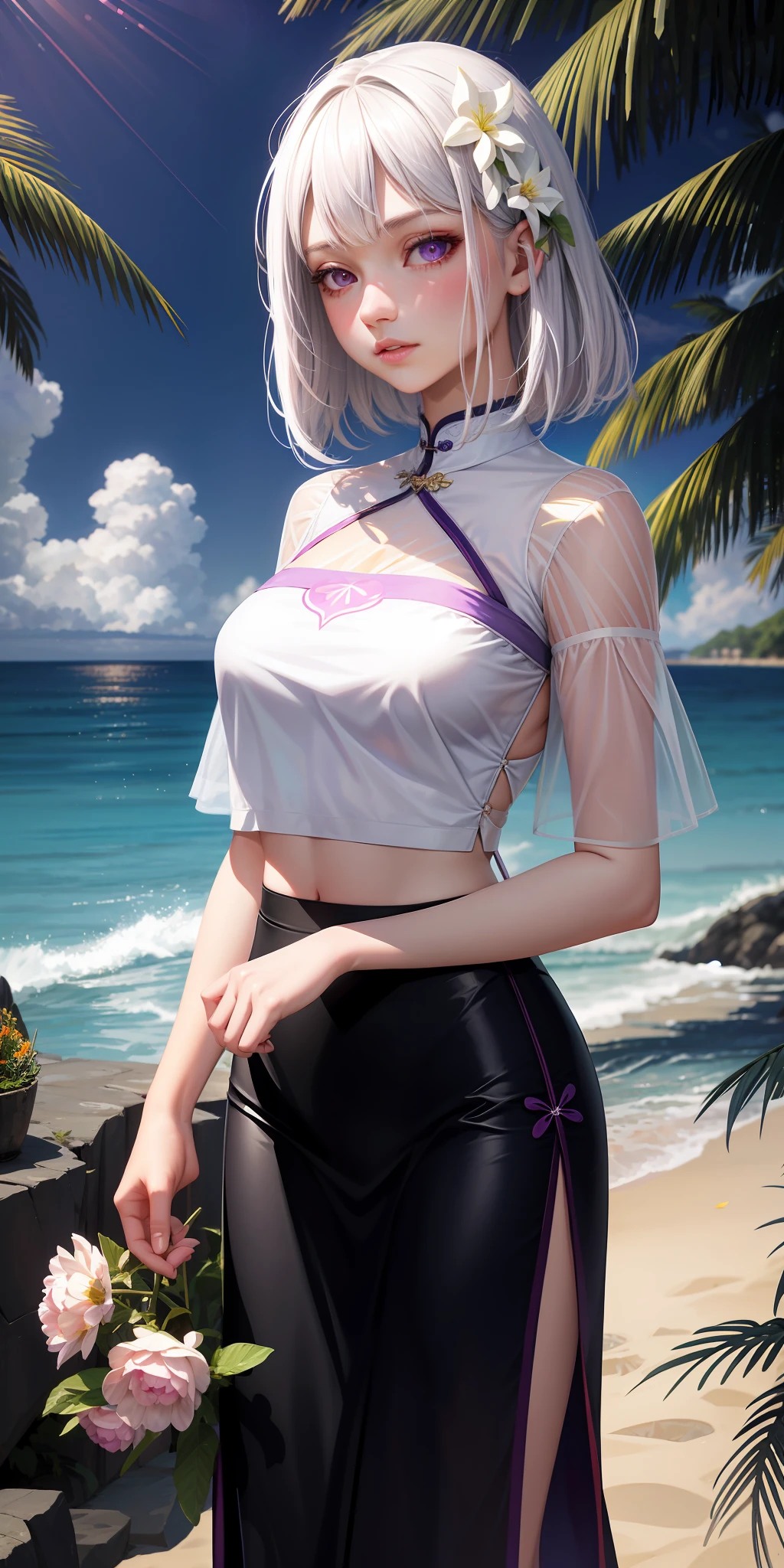 realistic, 1girl, white hair, purple eyes, glowing eyes, cropped top, skirt, parted lips, blush, night, flowers, sun, sunlight, cheongsam, medium length hair, real, warm color, background color light color, day environment, bright color background, beach, ocean, cute,