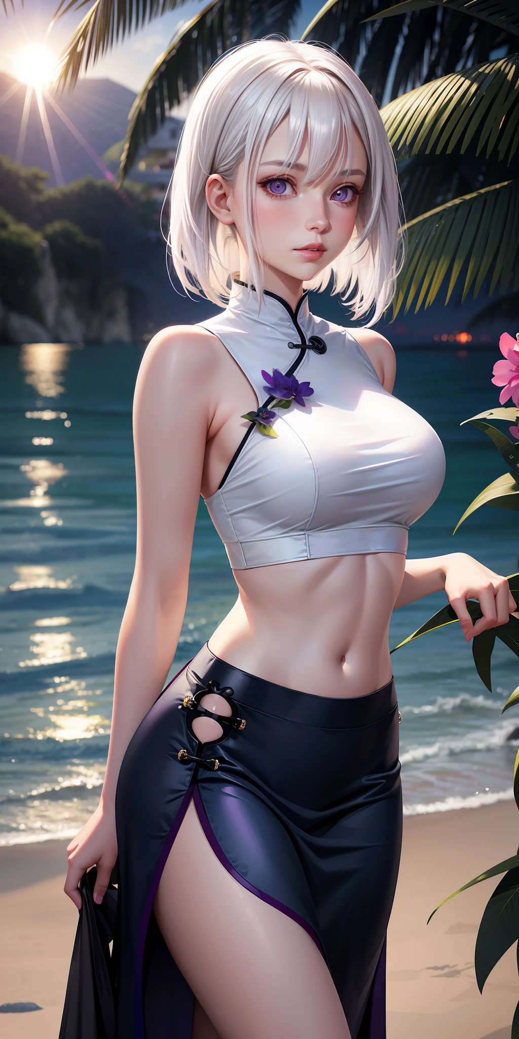 realistic, 1girl, white hair, purple eyes, glowing eyes, cropped top, skirt, parted lips, blush, night, flowers, sun, sunlight, cheongsam, medium length hair, real, warm color, background color light color, day environment, bright color background, beach, ocean, cute,