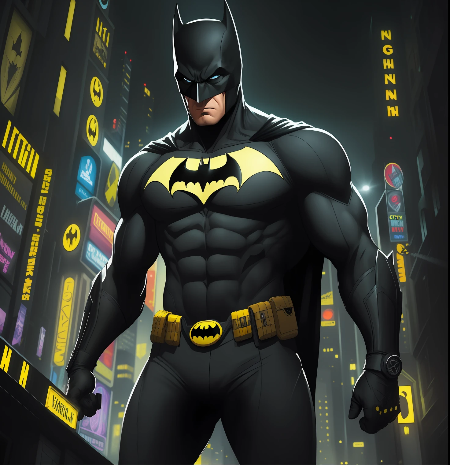 (masterpiece), (best quality), Batman ultrarealistic cartoon style, (city in the background of night), (highly detailed), (dynamic pose), (gray and black suit), (yellow and black bat logo), lots of neon lights, (deep shadows), (grumpy atmosphere), (night scene), (bright colors). correction in the right hand