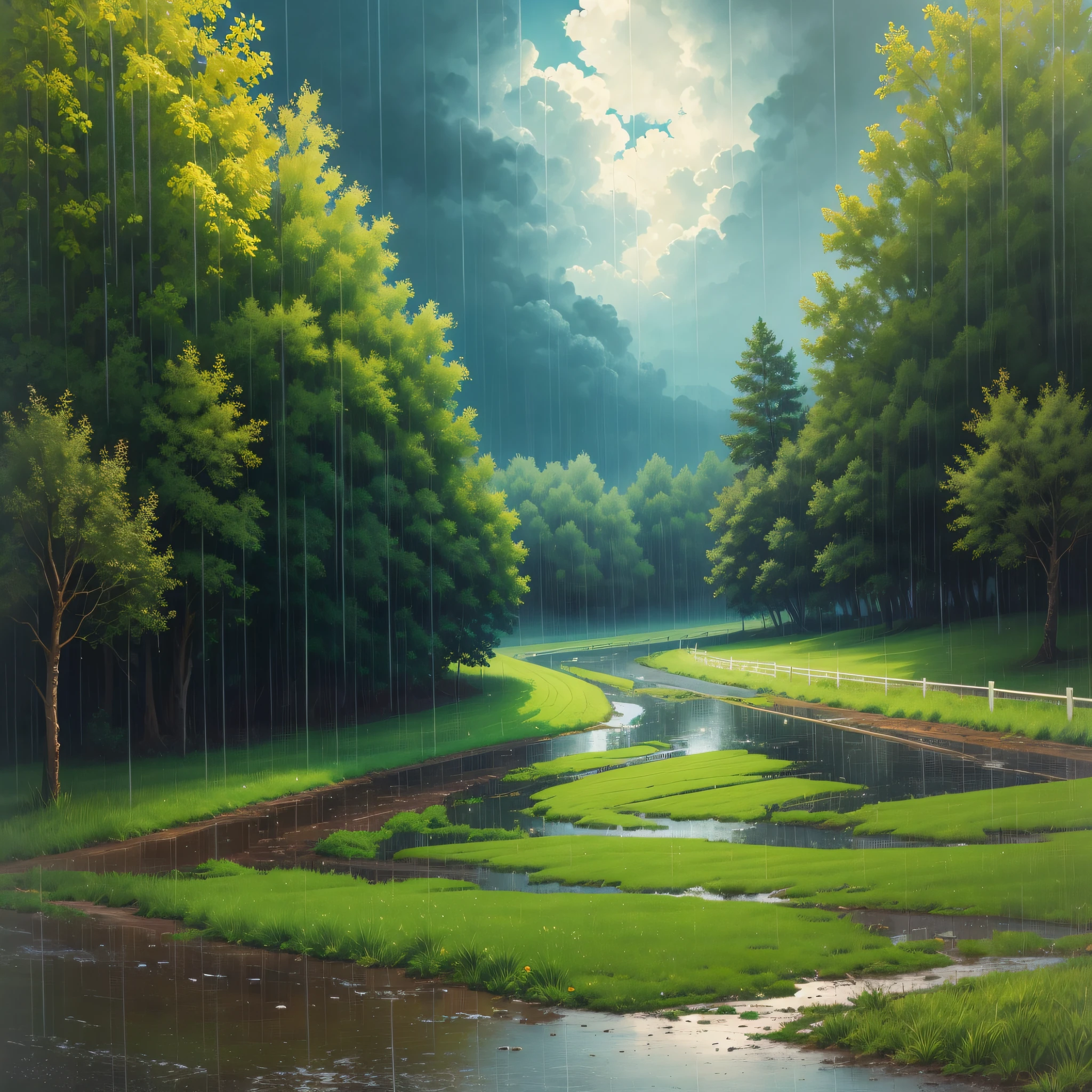 realistic painting of a rainy evening, Landscape, wide view, hd, green fields, trees, --auto --s2