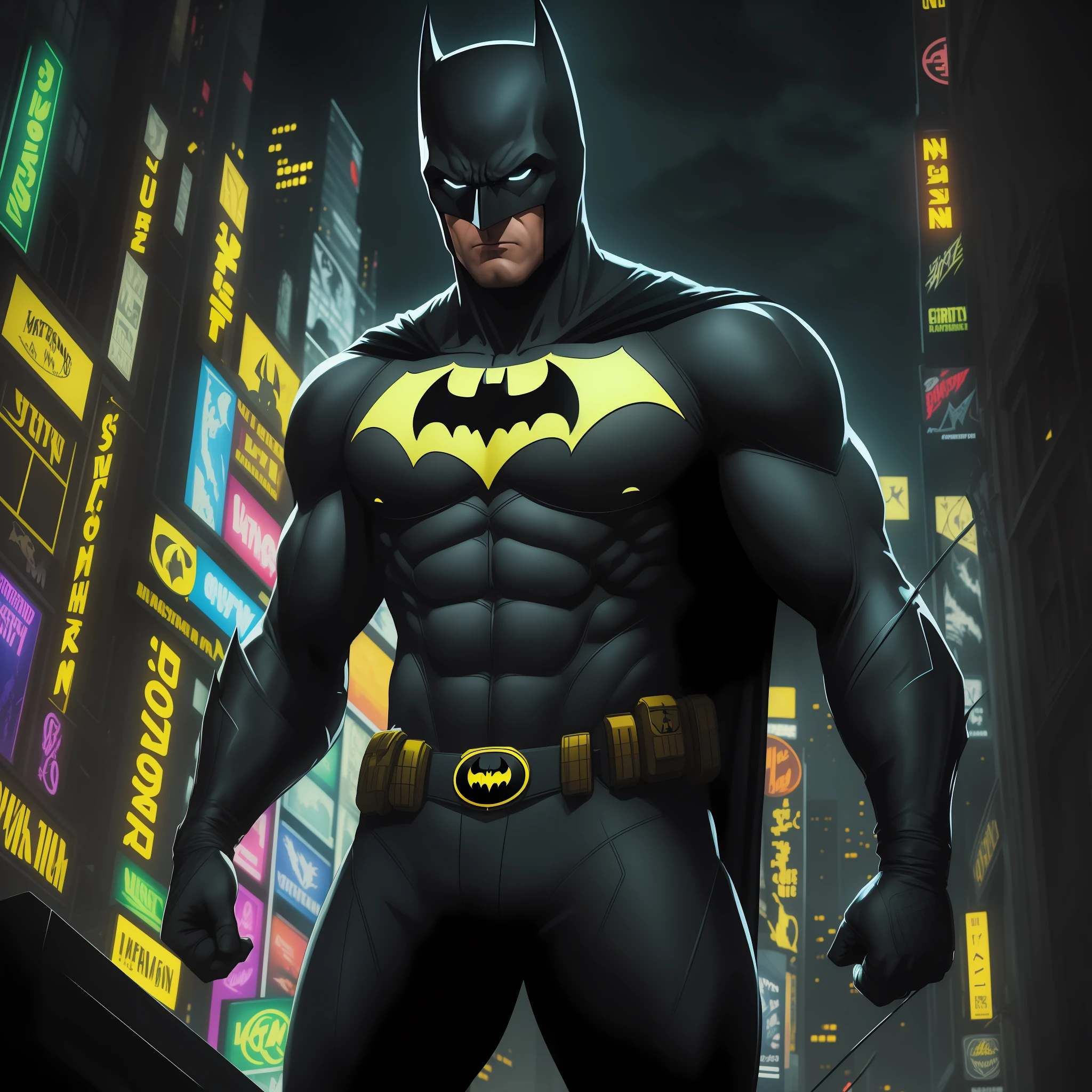 (masterpiece), (best quality), ultra-realistic cartoon-style Batman, (city at night background), (highly detailed), (dynamic pose), (gray and black suit), (yellow and black bat logo), lots of neon lights, (deep shadows), (moody atmosphere), (night scene), (vivid colors).