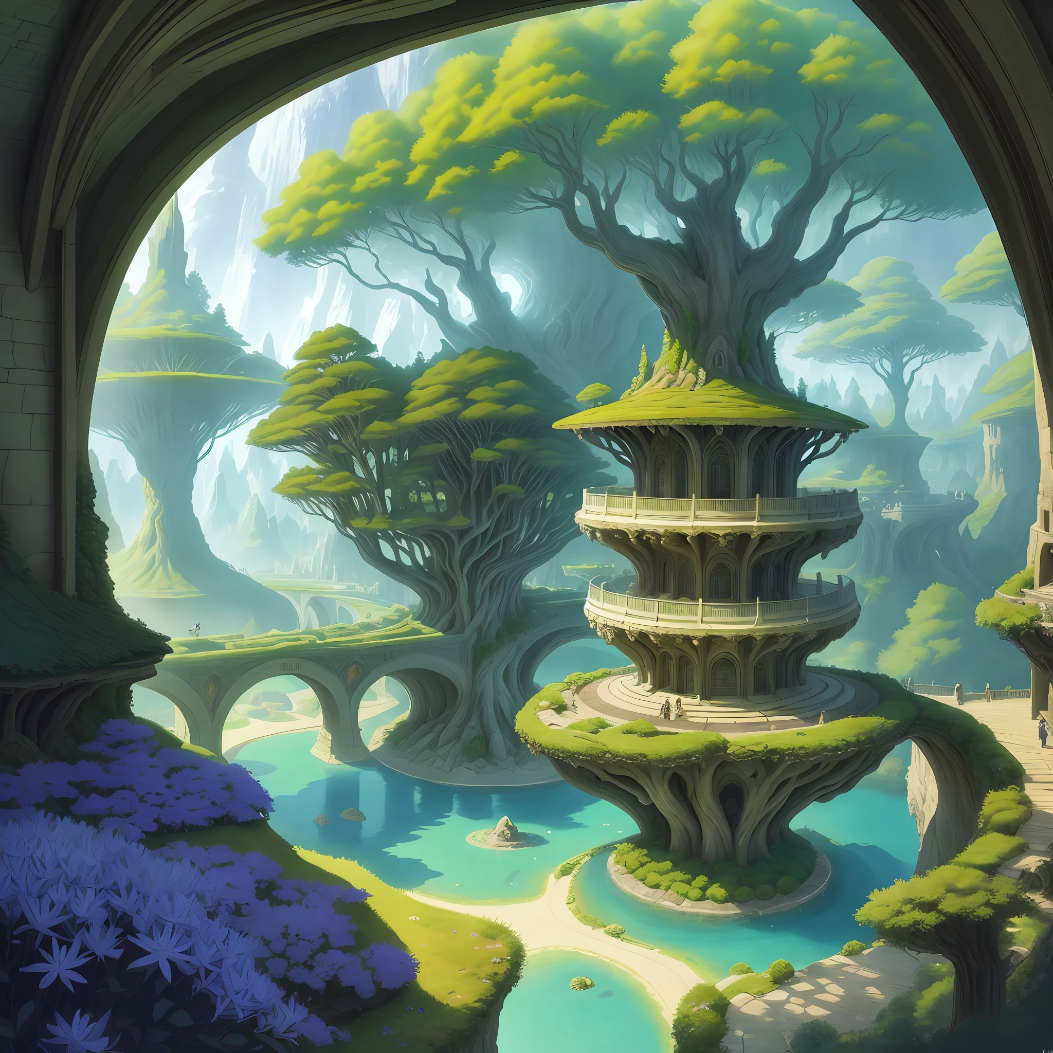 Elven City of Eryndor: Suspended between the canopies of centuries-old trees, Eryndor is an architectural spectacle of houses in harmony with nature, ethereal bridges and crystal clear water fountains. Art style Jean Giraud