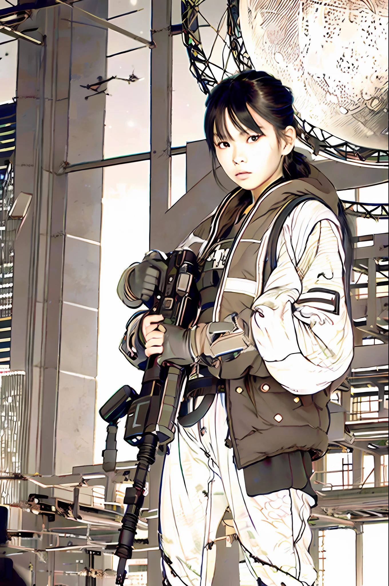 best quality, masterpiece, photo, 4K, photorealistic, highly detailed,
filipina girl holding a huge gun, techwear, cyberpunk city, solo, futuristic, huge moon in the background, black and white, by Akira Toriyama, closeup, manga art black and white