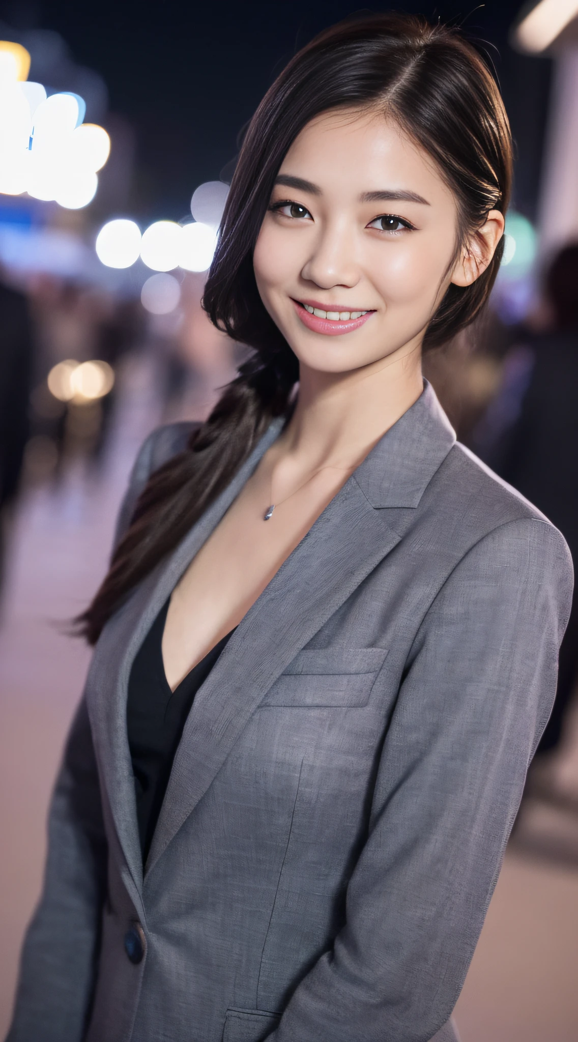 (((Top Quality, 8k, Masterpiece))), Crisp Focus, (Beautiful Woman with Perfect Figure), Slender, (Hairstyle: Up)), ((Suit: Black)), Night Road: 1.2, Highly detailed face and skin texture, detailed eyes, double eyelids, random posture, (smile), Japan person, upper body, chest chiller