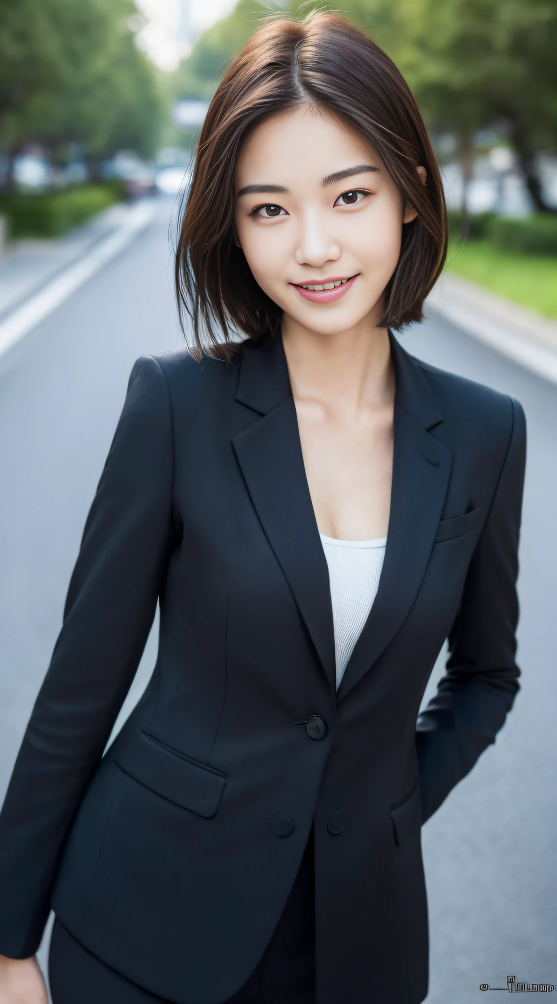 (((Top Quality, 8k, Masterpiece))), Crisp Focus, (Beautiful Woman with Perfect Figure), Slender, (Hairstyle: Up)), ((Suit: Black)), Night Road: 1.2, Highly detailed face and skin texture, detailed eyes, double eyelids, random posture, (smile), Japan person, upper body, chest chiller