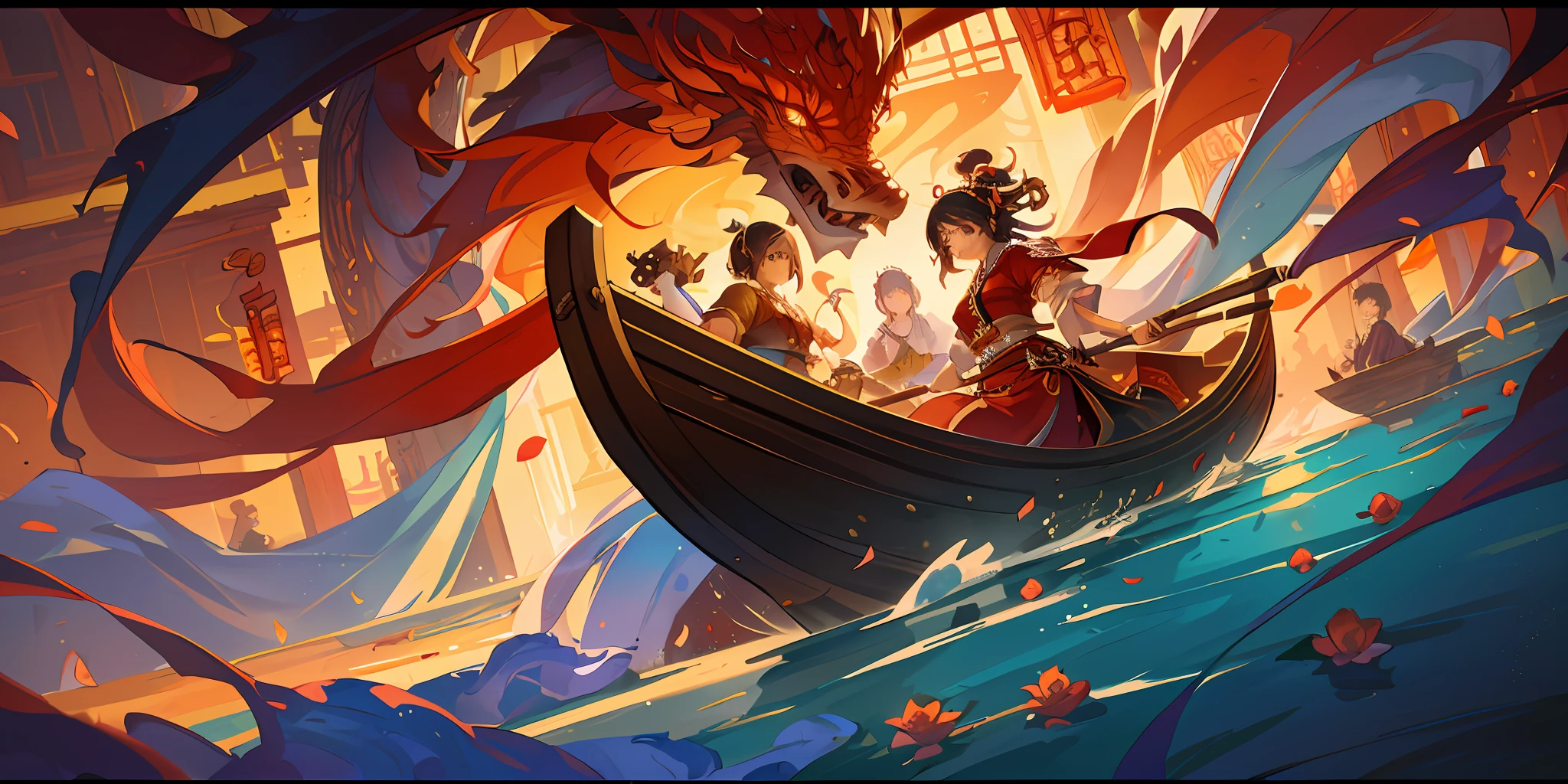 (extremely detailed CG unity 8k wallpaper, masterpiece, best quality, ultra-detailed), best lighting, rich colors, beautifully bright, floating, traditional Chinese elements, festive atmosphere, dragon boat, cheerful, happy people, bright smiles, warm sunlight, (many red lights + dragon boat: 1.2), bright vegetation, clear water, (many spectators + 1: 1.1), immersive atmosphere, cinematic lighting, rendering, HDR, blooming, chromatic aberrations and intricate details, Rob Rei and Kentaro Miura Style, Alice H. Zhang, anime fantasy illustration, Yan Hui