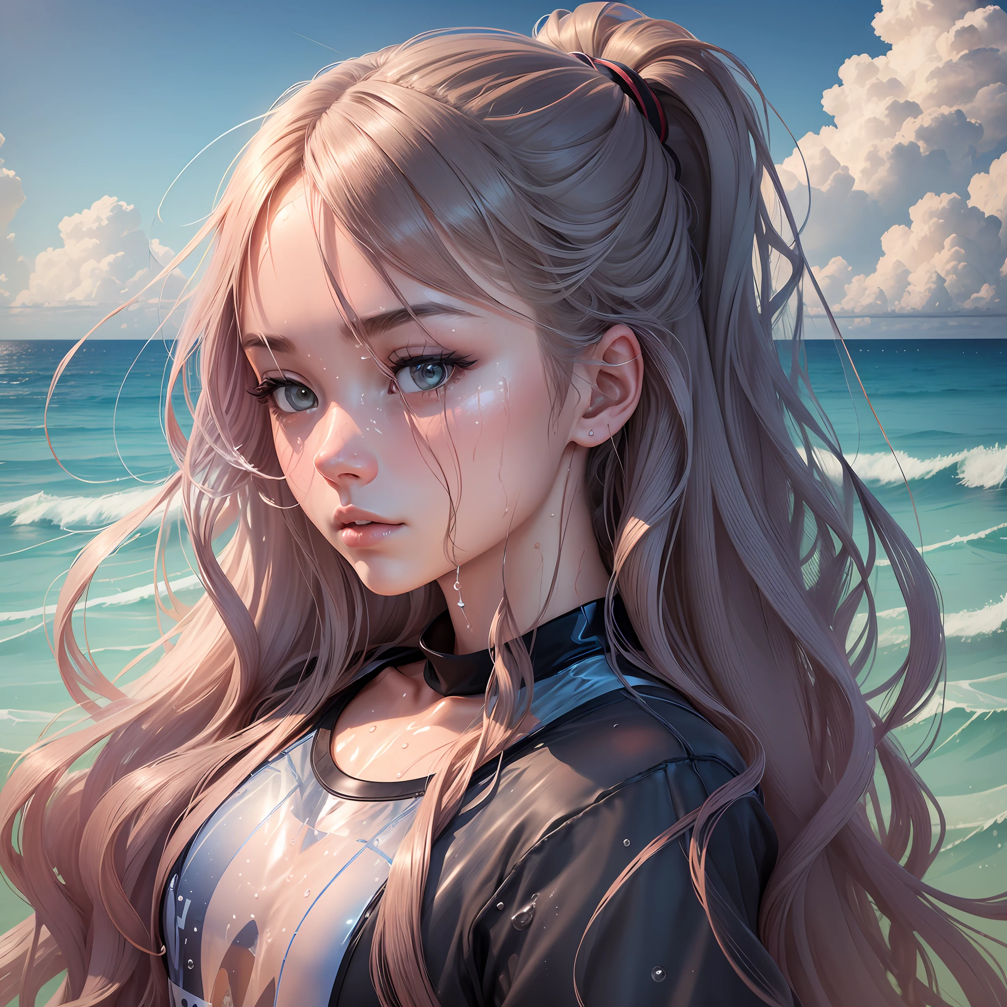 (1girl, long hair), portrait, (model appearance:1.1), (gym clothes), beach, (many details:1.3), (transparent water:1.5), soft light, (kinematics:1.2), (interesting colors:0.5) , (people around: 1.2) --auto --s2