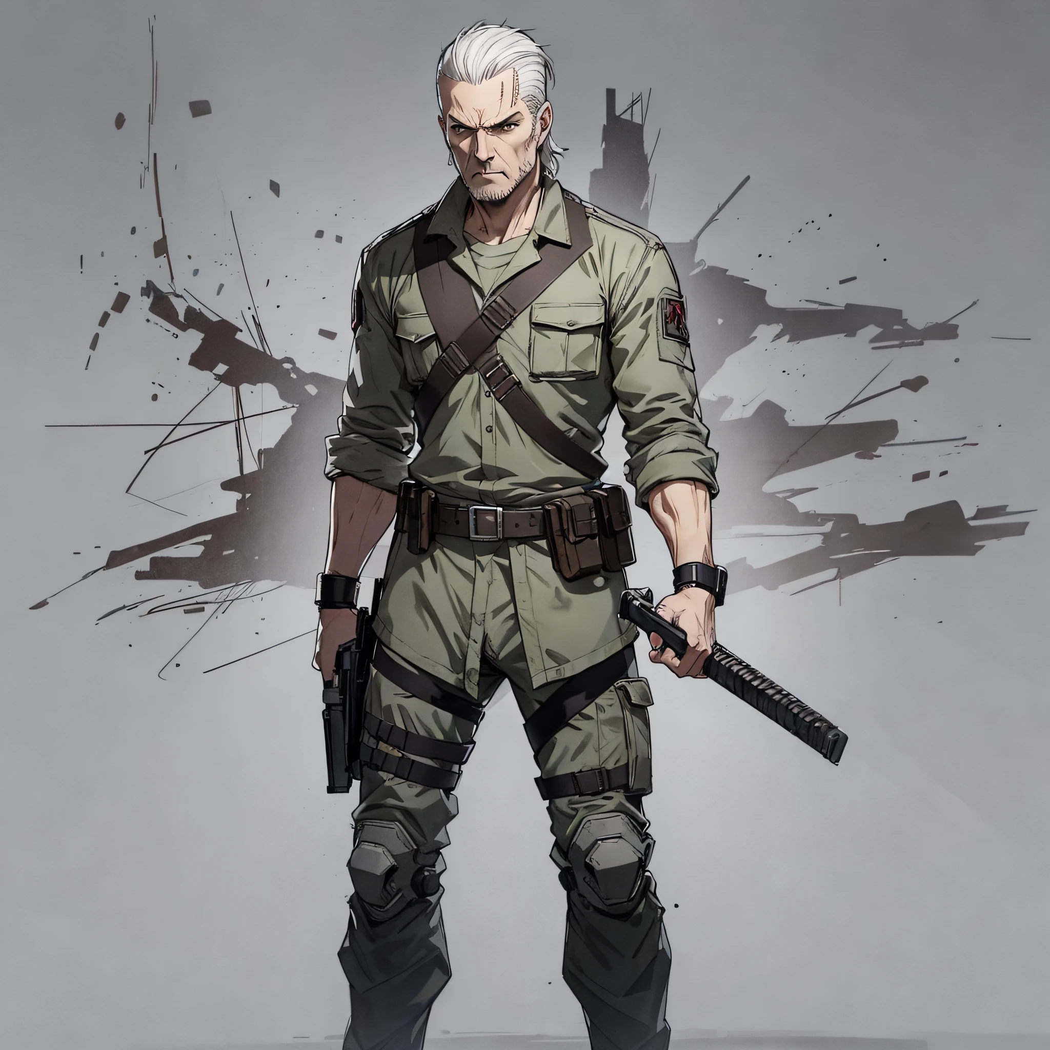 character ANIME man, FULL BODY, standing, GOVERNOR, WHITE BIONIC LEFT ARM, gray hair shaved from the sides, hair shaved, , ((design sketches)), (masterpiece), extremely detailed, (original saditic design), NEGAN THE WALKING DEAD (random poses), (unique accessories), (clean clothes), (elegant) professionally retouched, white background, (male: 1.1) soldier, rich (government officer bail r: 0.8), (dirty: 1.1), (movement: 0.8), (young: 1.3), (sprint: 0.6) (the walking dead concept) (Metal gear soli) (the walking dead concept) (vikings concept) --auto --s2