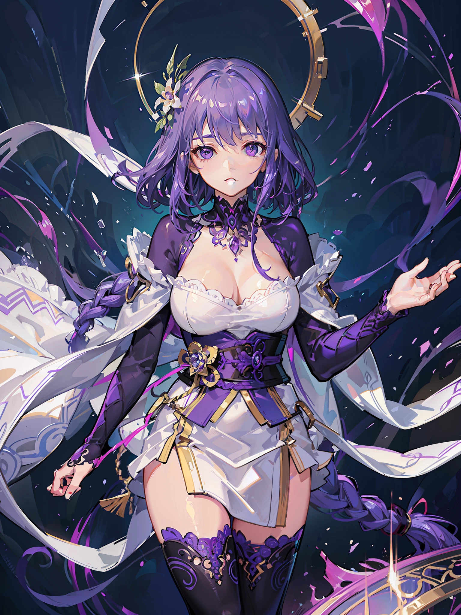 extremely delicate and beautiful, Amazing, finely detail, masterpiece, ultra-detailed, highres,best illustration, best shadow,intricate,sharp focus, high quality,,A beautiful young woman with purple hair and a very long braid, purple eyes, electricity, floating in the air, purple fractals on background