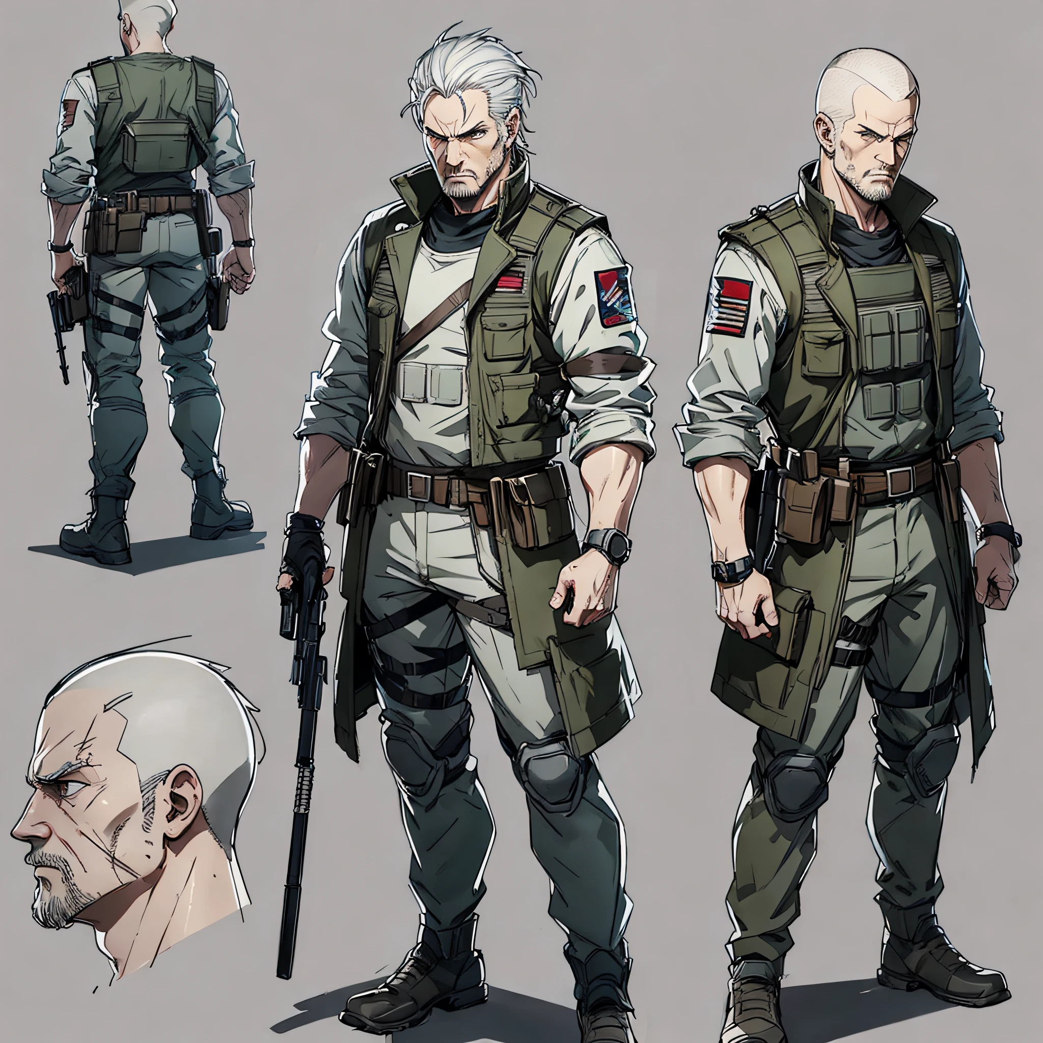 character ANIME man, FULL BODY, standing, GOVERNOR, WHITE BIONIC LEFT ARM, gray hair shaved from the sides, hair shaved, , ((design sketches)), (masterpiece), extremely detailed, (original saditic design), NEGAN THE WALKING DEAD (random poses), (unique accessories), (clean clothes), (elegant) professionally retouched, white background, (male: 1.1) soldier, rich (government officer bail r: 0.8), (dirty: 1.1), (movement: 0.8), (young: 1.3), (sprint: 0.6) (the walking dead concept) (Metal gear soli) (the walking dead concept) (vikings concept) --auto --s2