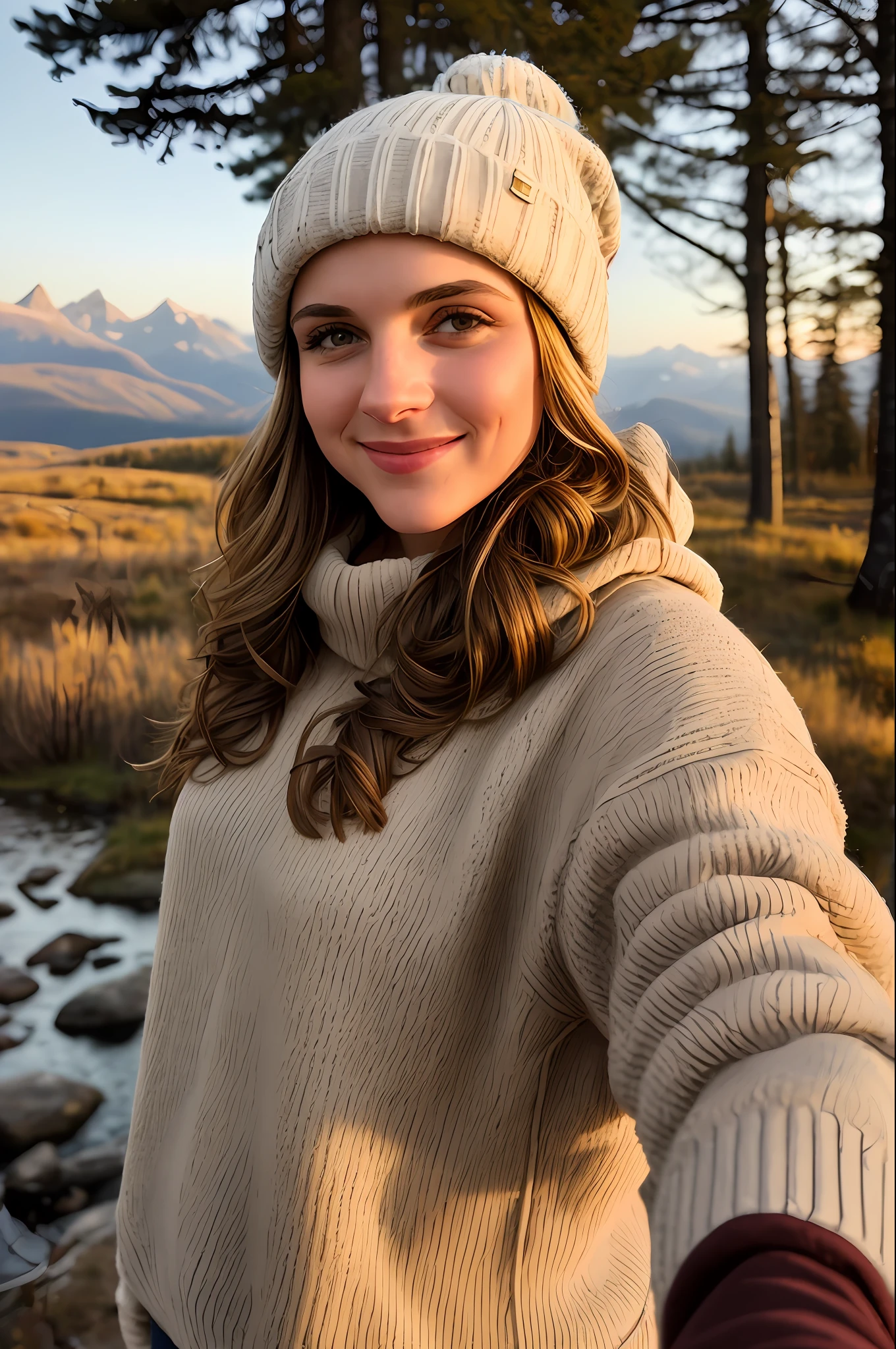 1umem ((upper body selfie, happy)), masterpiece, best quality, ultra-detailed, solo, outdoor, (night), mountains, nature, (stars, moon) cheerful, happy, backpack, sleeping bag, camping stove, water bottle, mountain boots, gloves, sweater, hat, lantern, forest, stones, river, wood, smoke, shadows, contrast, clear sky, style, (warm hue, warm tone): 1.2), close-up, cinematic light, side lighting, ultra high resolution, best shadow, RAW, upper body, wearing pullover