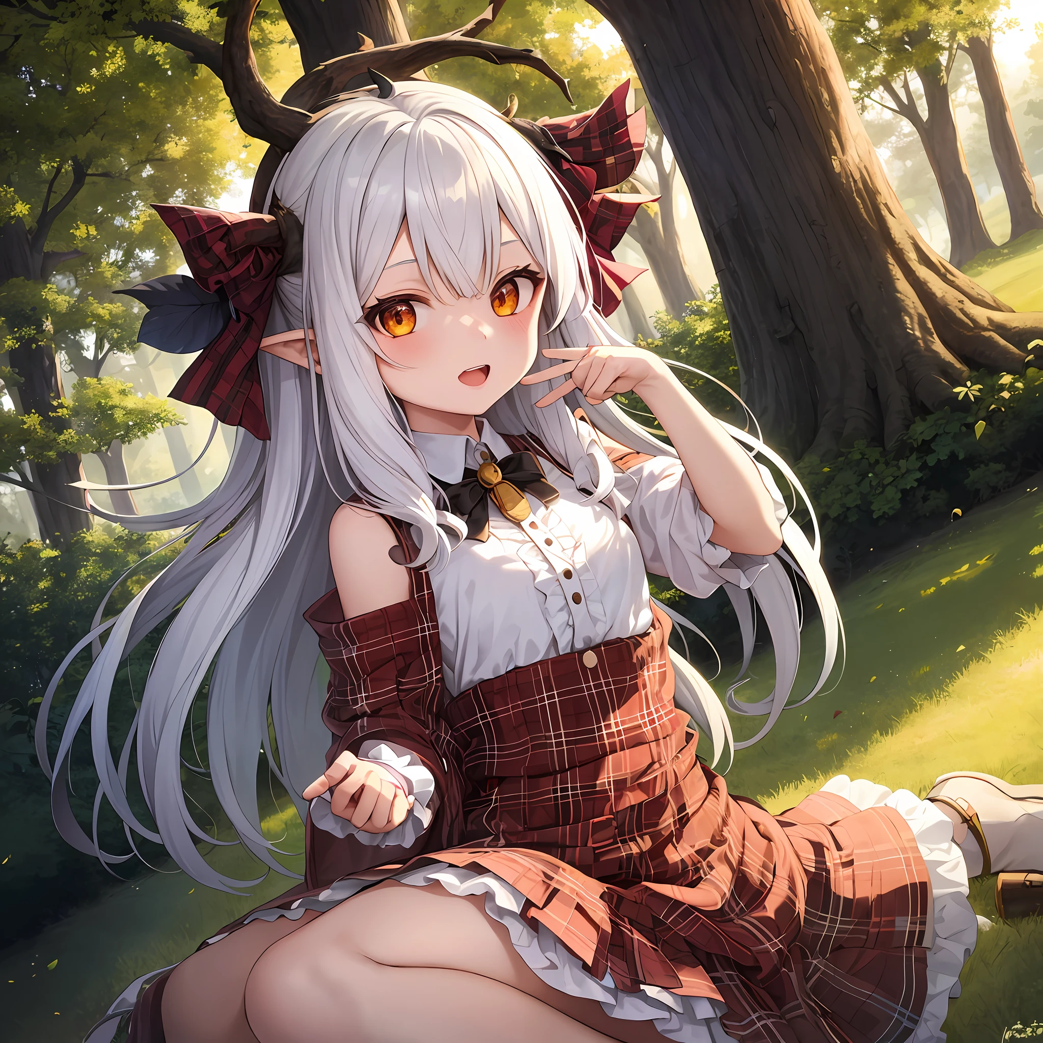 1girl, li, white hair, tree horn with leafs on the forehead, leafs on the upper head,vampire teeth, traditional scottish costume, sunset, fantasy forest