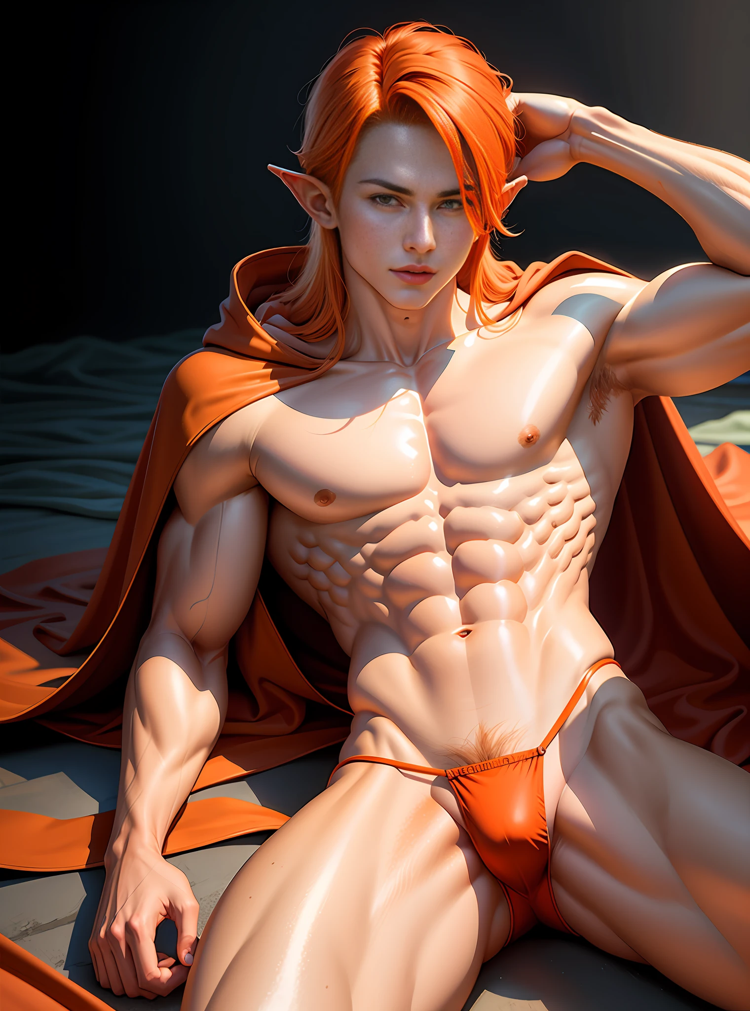 (hyper-realistic digital illustration), (perfect face:1.1), (high detail:1.1)  one extremely handsome male elf (naked torso) wearing micro orange g-string, mage long red cloak, clean shaved, front view, lying on his back, holding legs raised, athletic body, (white skin), bare chest, flat chest,(long orange hair scruffy ), serene expression, small waist, muscular. best quality, high-resolution