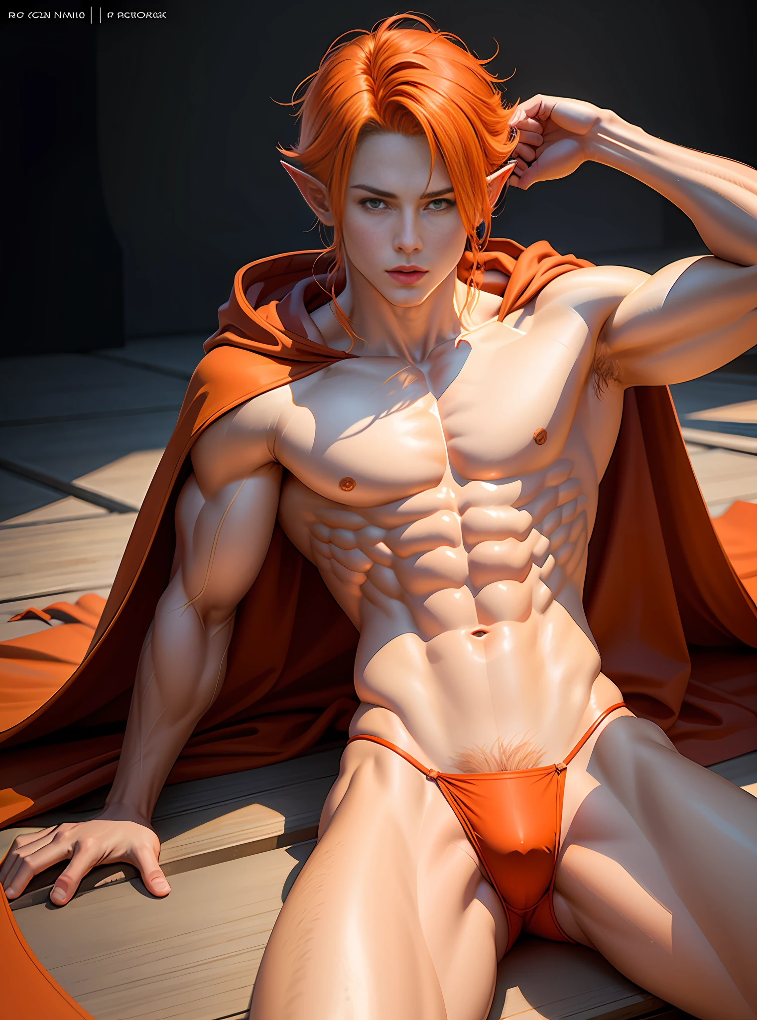 (hyper-realistic digital illustration), (perfect face:1.1), (high detail:1.1) one extremely handsome male elf (naked torso) wearing micro orange g-string, mage long red cloak, clean shaved, front view, lying on his back, holding legs raised, athletic body, (white skin), bare chest, flat chest,(long orange hair scruffy ), serene expression, small waist, muscular. best quality, high-resolution