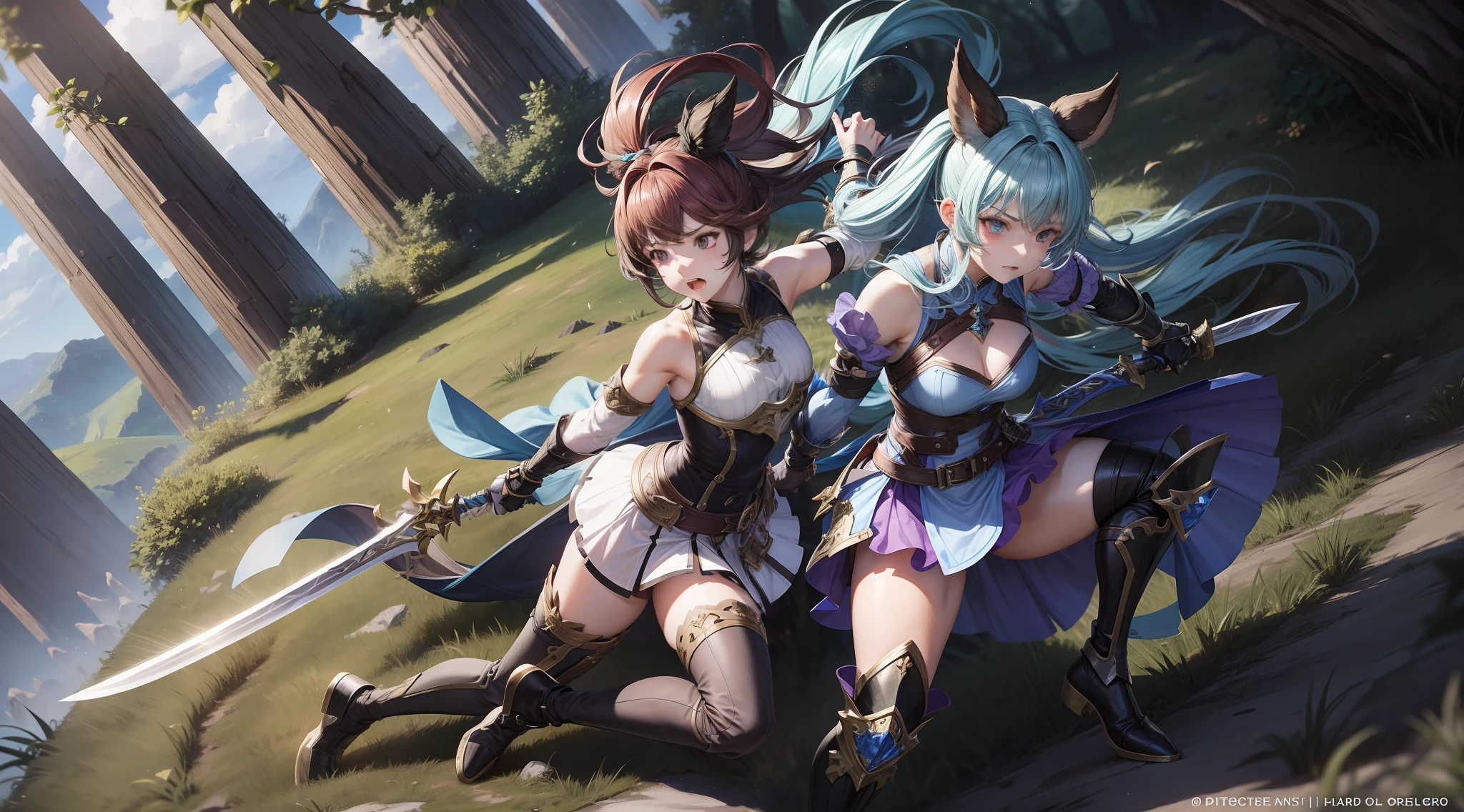 Full body shot from head to feet. Two female from granblue fantasy have intense death match battle, fighting with short sword clashing. Both of them are wearing detached sleeves, long gloves, short skirt, thigh high. They have different armor, different hairstyle, different expression, proper and detailed face, with correct anatomy. Set against the background of a lush forest.