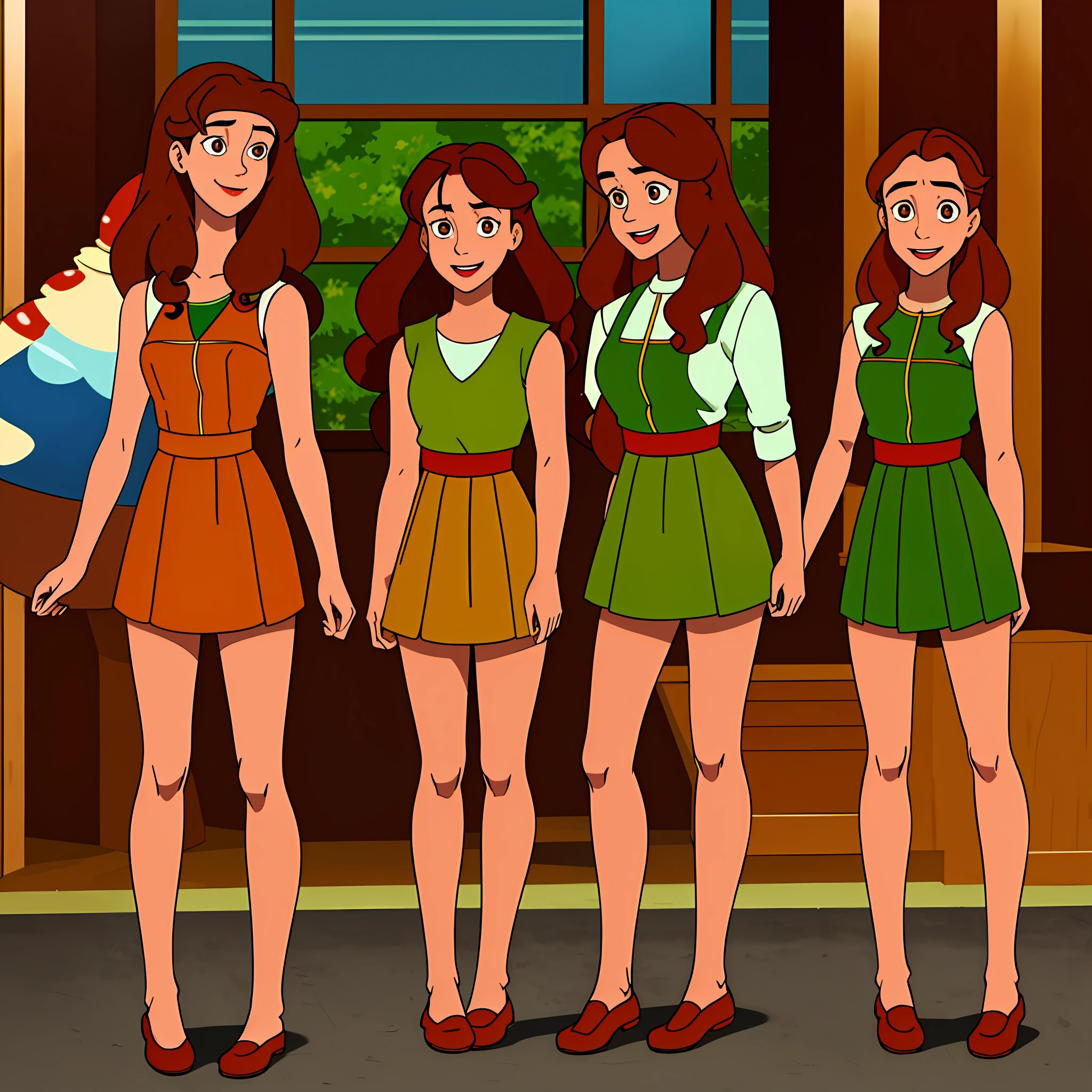 perfect anime illustration, multiple girls, teenage girls, clones, identical sisters, crowded, brown hair, curly hair, long hair, matching hairstyle, hazel eyes, smiling, casual outfits, matching outfits, highres, full body, bare legs, group picture