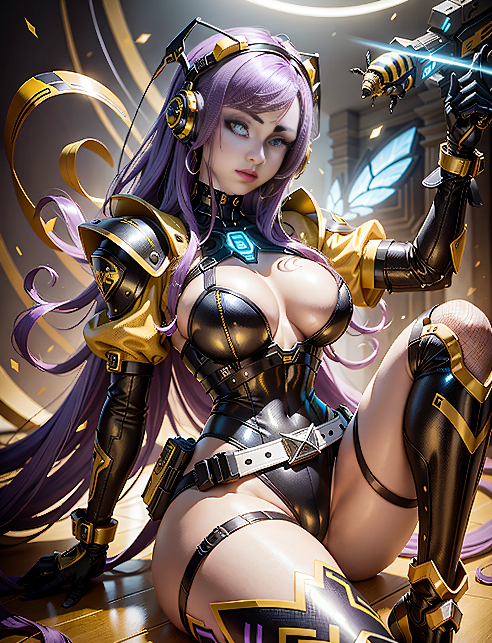 (masterpiece), realistic, (full body), Large-breasted, cinematic light, highly detailed, 8k Resolution, Cybernetic Bee Woman, long purple hair, blue enamel cyber leotard, white knee-high boots, long white gloves, tactile ornaments on the head , Yellow and black two-tone cyber armor, yellow cyber mask, tactical belt with sheath, bewitching makeup, pale skin, beam sword in both hands, dual-wielding, bewitching and bold pose,