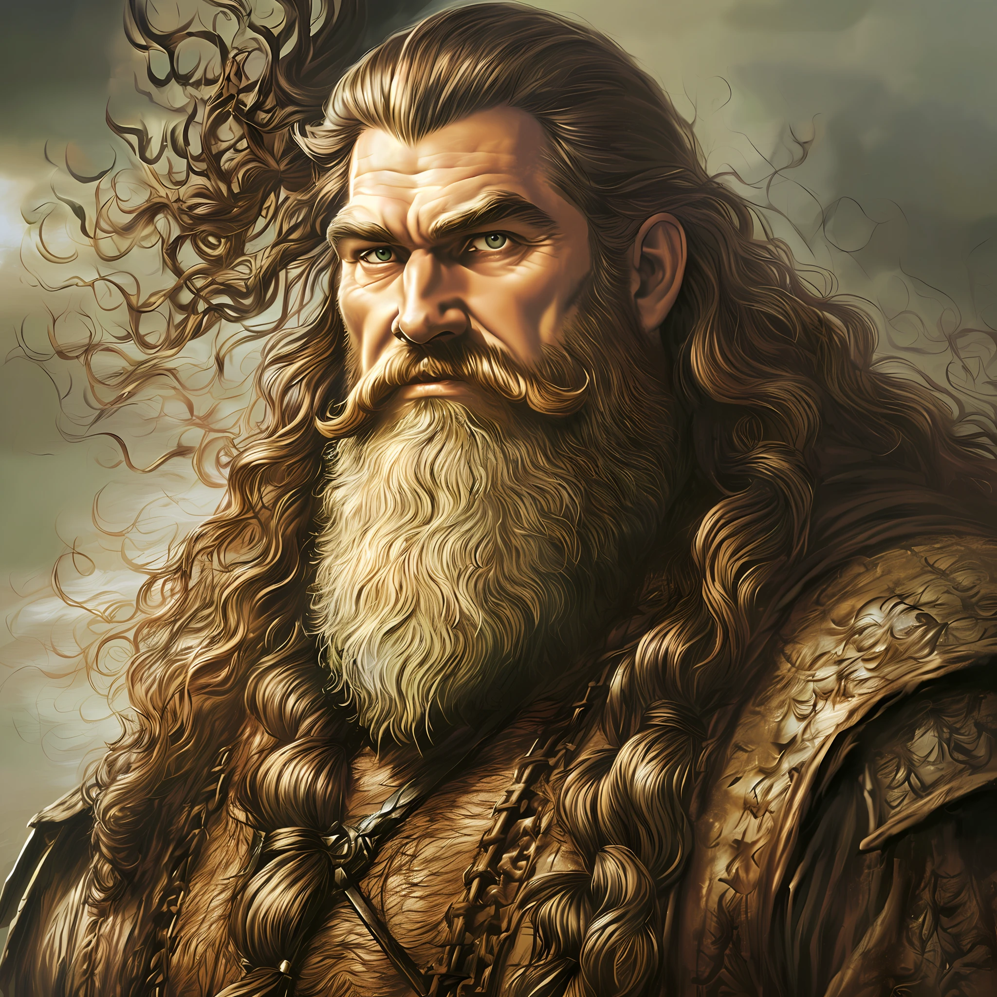 Portrait of a bearded Viking man with big hair, amazing illustration, art style by Alex ross,