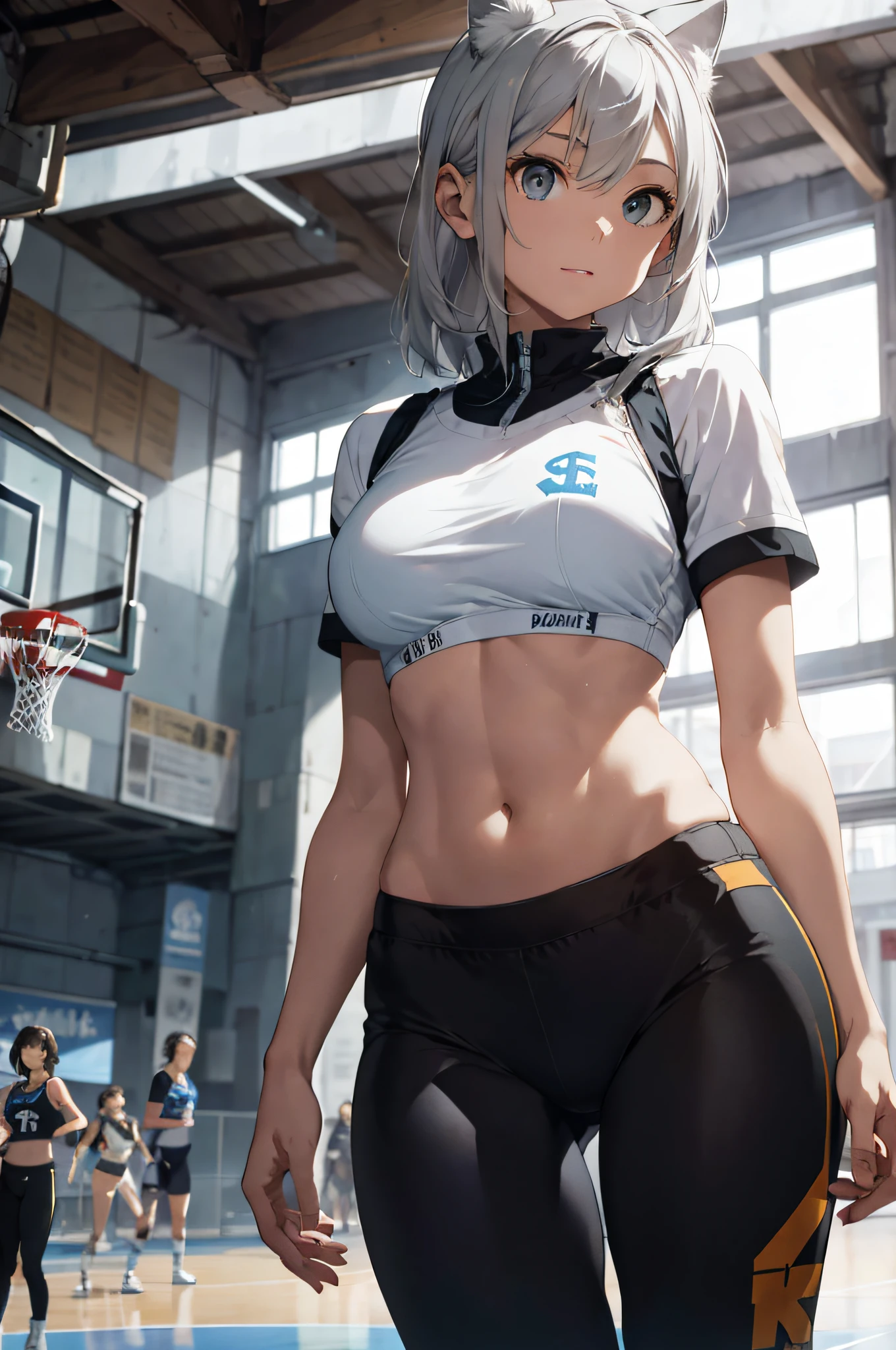 Holding basketball in standing position, looking at camera, wearing basketball uniform, basketball court background, cat ears, silver hair, bra, ((bikini uniform))), inner sentinel, chest cleft, pants, (tight and conspicuous pants)) tight white soft clothes, NBA, masterpiece, photo details, especially eyes, details, Close-up shots of women paying attention to the emphasis on realism are realistic masterpieces. This is the official background, super camel, aesthetic, aesthetic, top quality, display elegance and aesthetics of images, 8K, cinematography, 4HD, highlight tight wear, conspicuous underwear, slotted chest