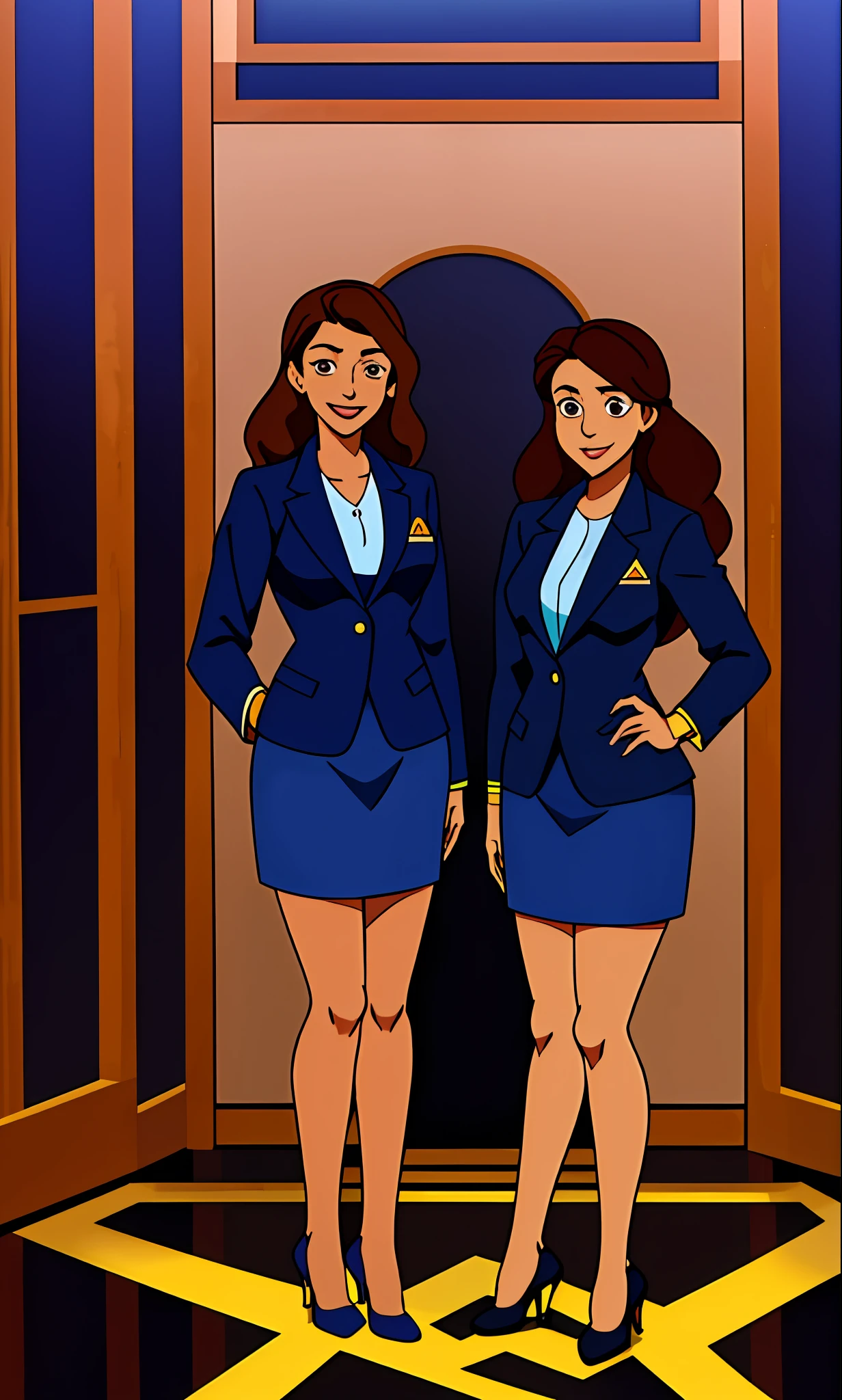 perfect anime illustration, 2girls, twins, identical sisters, brown hair, curly hair, long hair, matching hairstyle, hazel eyes, smiling, business attire, blue skirt suit, black high heels, matching outfits, businesswomen, highres, full body, bare legs