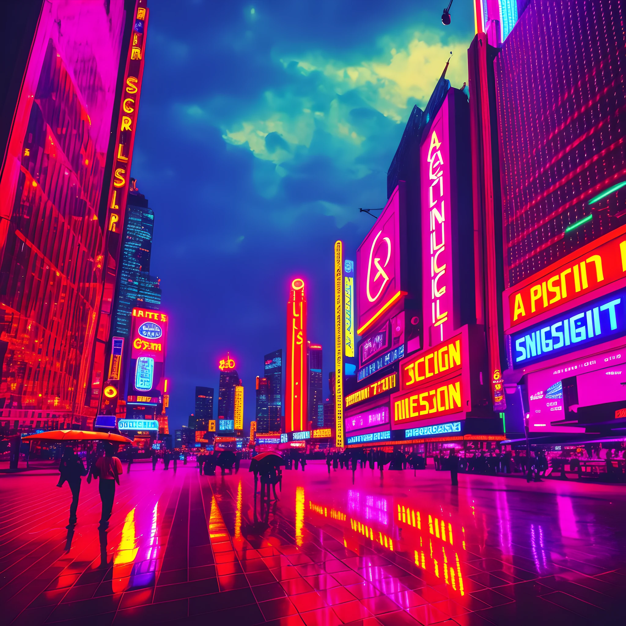 city night view, rainy season, neon sign boards, tall building, people are walking, realistic, 1200x1000 pixels, --auto --s2