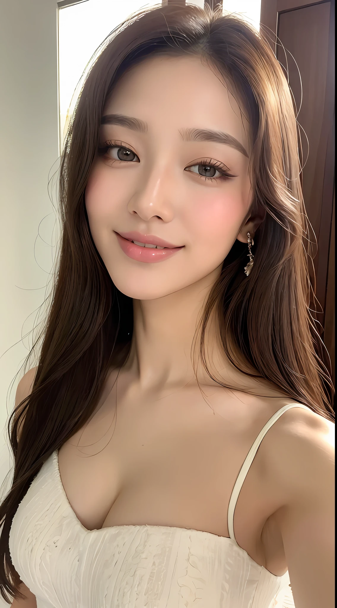 ((Best Quality, 8k, Masterpiece: 1.3)), Full Body (1.3), Sharp Focus: 1.2, Outstanding Beauty: 1.4, Slender Abs: 1.2, ((Brown Hair, Saggy Big: 1.2)), Fluffy Wedding Dress (2), Inside and Outside, Cleavage Visible in Western-style Room, Highly Detailed Face and Skin Texture, Detailed Eyes, Double Eyelids, Smile (1.3) Natural Makeup, Lustrous Skin