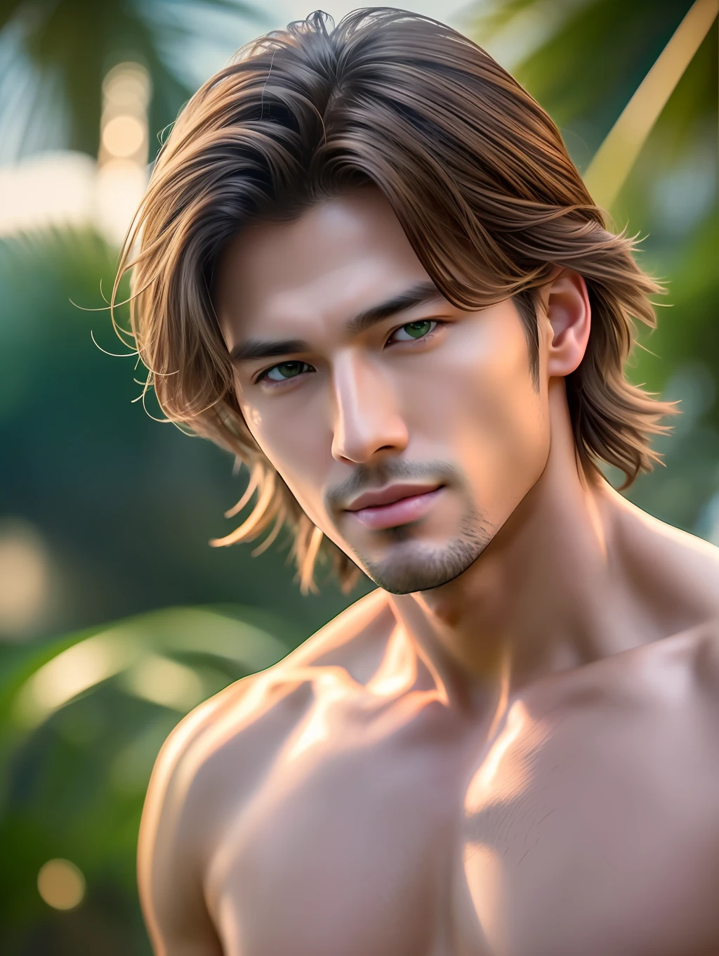Cinematic soft lighting illuminates a stunningly detailed and ultra-realistic handsome Japanese male supermodel, beach look, ultra short messy light brown hair, clear green eyes, captivating perfect smile, sensual, hot man, insanely handsome, that is trending on ArtStation. Octane is the perfect tool to capture the softest details of this 16k photography masterpiece.