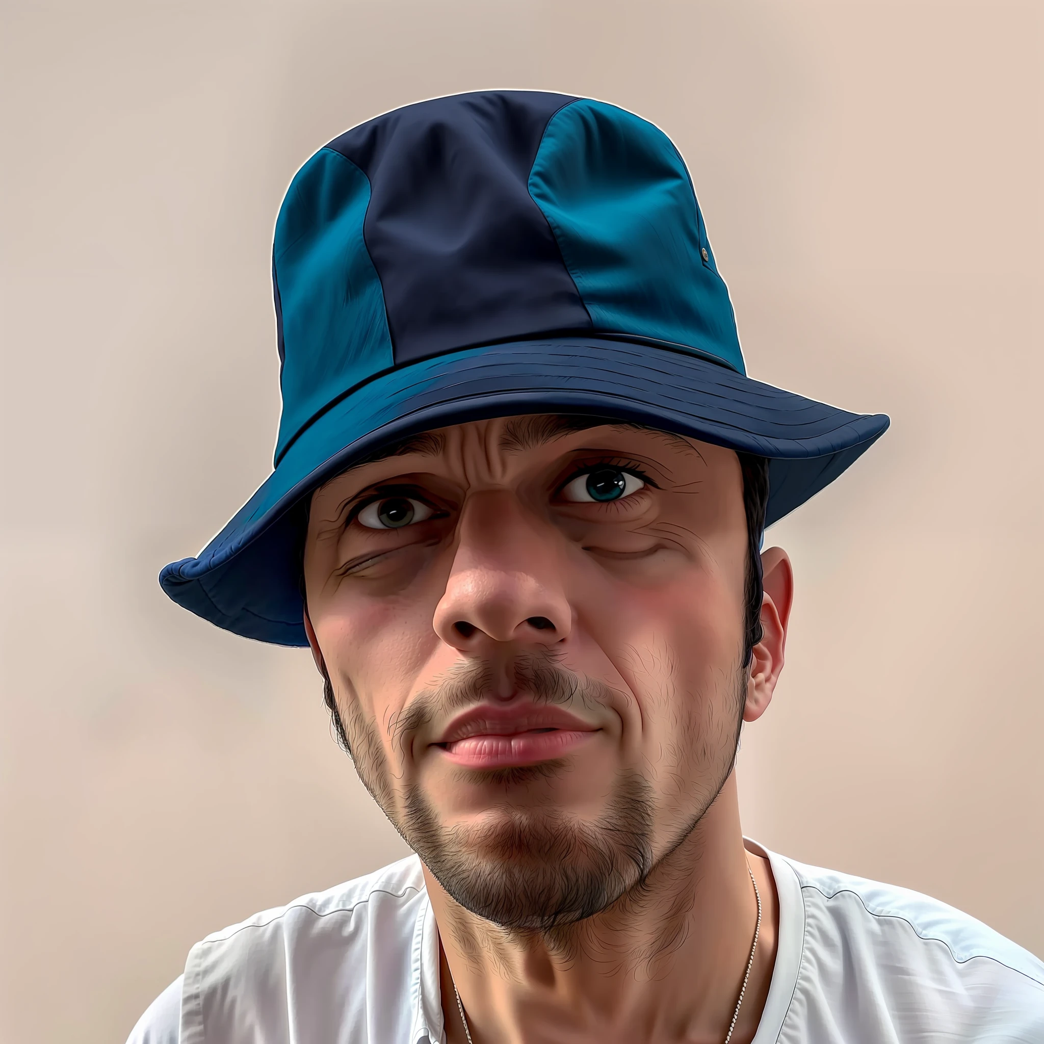 arafed man wearing a blue hat and a white shirt, he is wearing a hat, wearing a hat, wearing hat, with a weird hat, with hat, wearing a travel hat, portrait shot 8 k, wearing a silly hat, very very low quality picture, profile shot, solo 3 / 4 portait, profile portrait, caracter with brown hat
