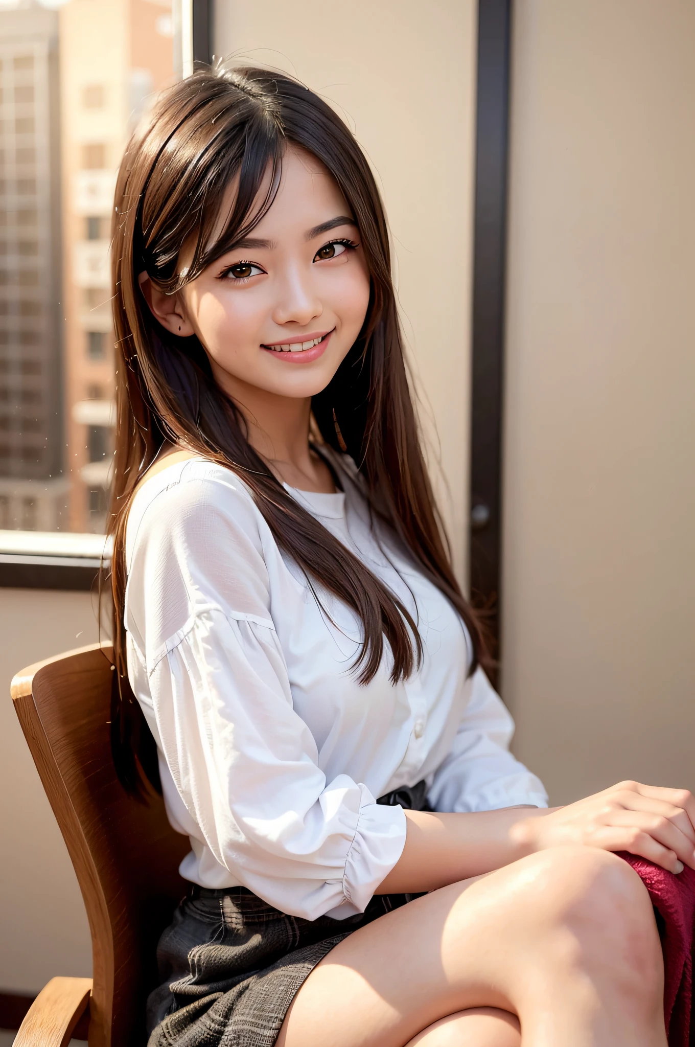 top quality, raw photo, (photorealistic: 1.1), one girl, beautiful, smiling, detailed hair of brown midi, (brown eyes), white skin, office