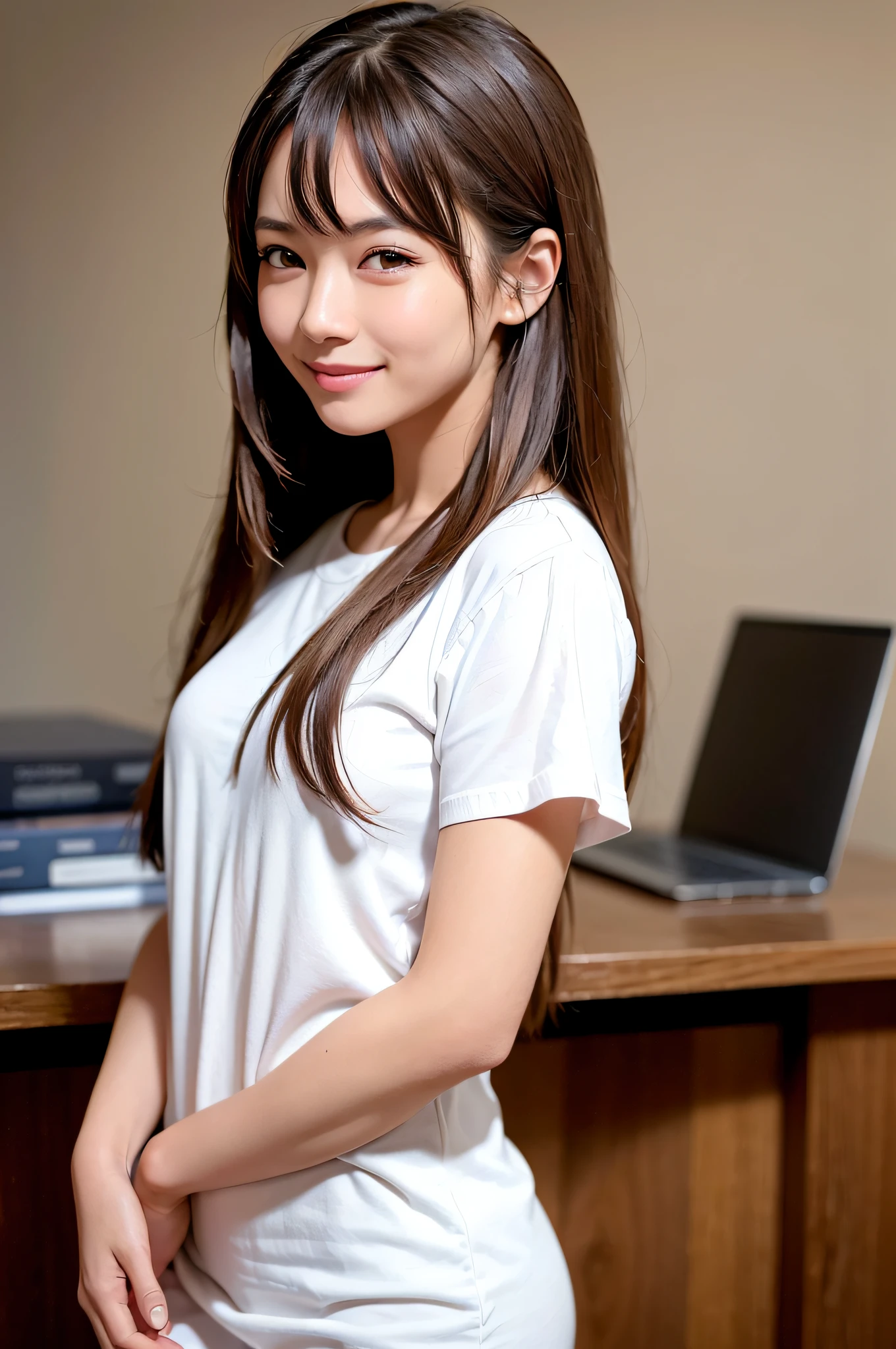 top quality, raw photo, (photorealistic: 1.1), one girl, beautiful, smiling, detailed hair of brown midi, (brown eyes), white skin, office