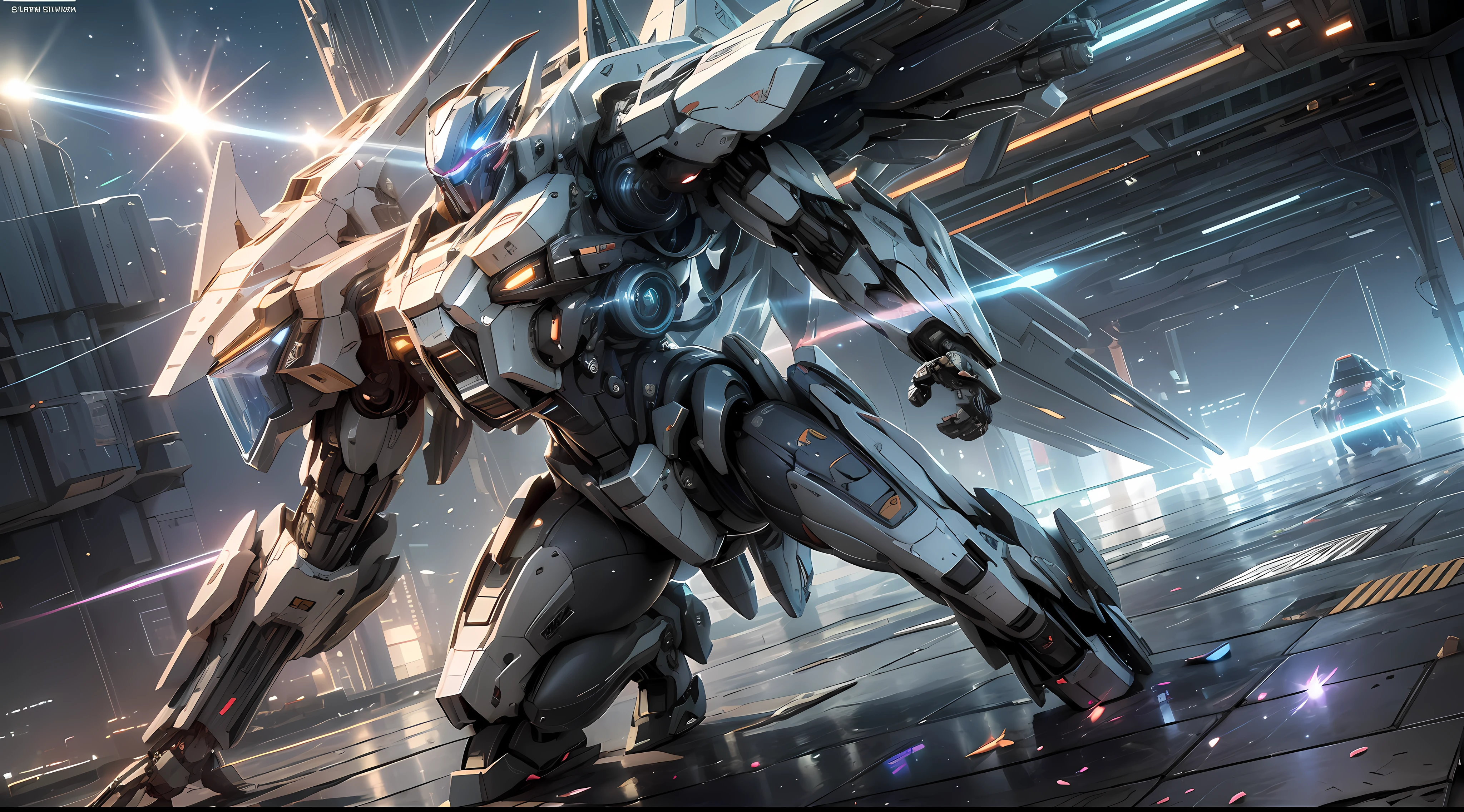 ((Best quality)), ((masterpiece)), (highly detailed:1.3), 3D, beautiful, (cyberpunk:1.2), in space, nebula, holding_weapon, (1Female mecha:1.3), facing the viewer, glowing eyes, full body, (flying, swooping down, dynamic, motion blur: 1.4), (huge mecha wings: 1.6), looking up, glowing_eyes, mecha, panorama, background is earth, nebula, space, particles, reality, HDR (High Dynamic Range), Ray Tracing, NVIDIA RTX, Super Resolution, Unreal 5, Subsurface Scattering, PBR Texturing, Post Processing, Anisotropic Filtering, Depth of Field, Maximum Clarity and Clarity, Multilayer Textures, Albedo and Specular map, Surface shading, accurate simulation of light-material interaction, perfect proportion, Octane Render, two-tone lighting, large aperture, low ISO, white balance, rule of thirds, 8K RAW, efficient sub-pixel, sub-pixel convolution,