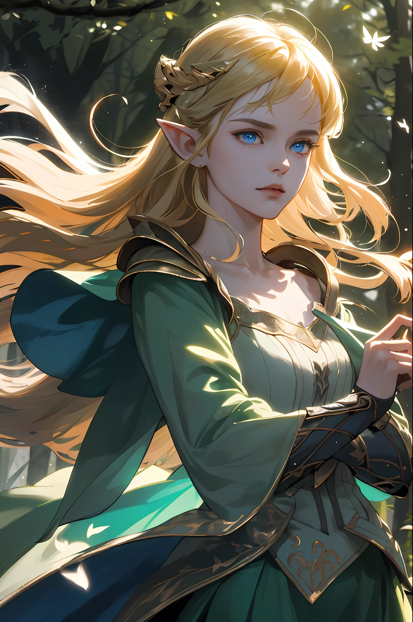 (absurd, high resolution, super detail), elf, pretty face, 1 woman, , straight long hair, beautiful golden hair, (((hair fluttering in the wind)), blue eyes, bangs, detailed eyes and detailed face, highly detailed CG unified 8k wallpaper, intricate details, (Style - Swirl Magic: 1.0), watch viewer, solo, detailed background, upper body, detailed face, (Gothic Dark Age theme: 1.5), Green light clothes, very short green skirt, white boots, collarbone, dynamic pose, Forest-themed clothes, glowing magic fragments, deep forest, magic floating particles, magnificent ethereal atmosphere, updraft, dark night, portrait, blurry background, serious expression, flying sparks, armor, holding a longbow, large flame, tense air, ((dark shade)), faint moonlight, helmet,