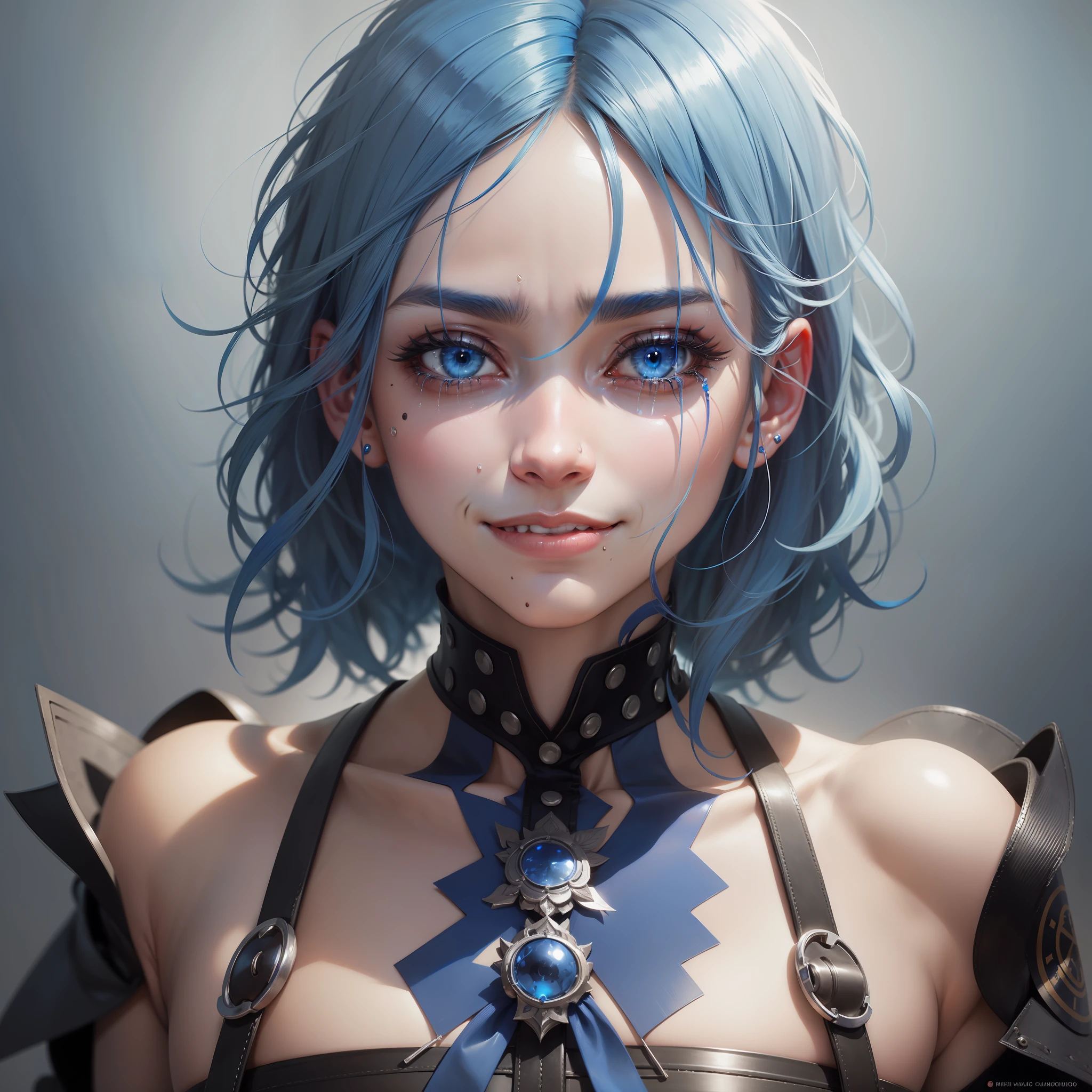 blue hair, ribbon, mole under eye, tears, evil smile, blue hair, ribbon, mole under eye, tears, evil smile, Futurism, chiaroscuro, Futurism, chiaroscuro, textured skin, high details, textured skin, high details