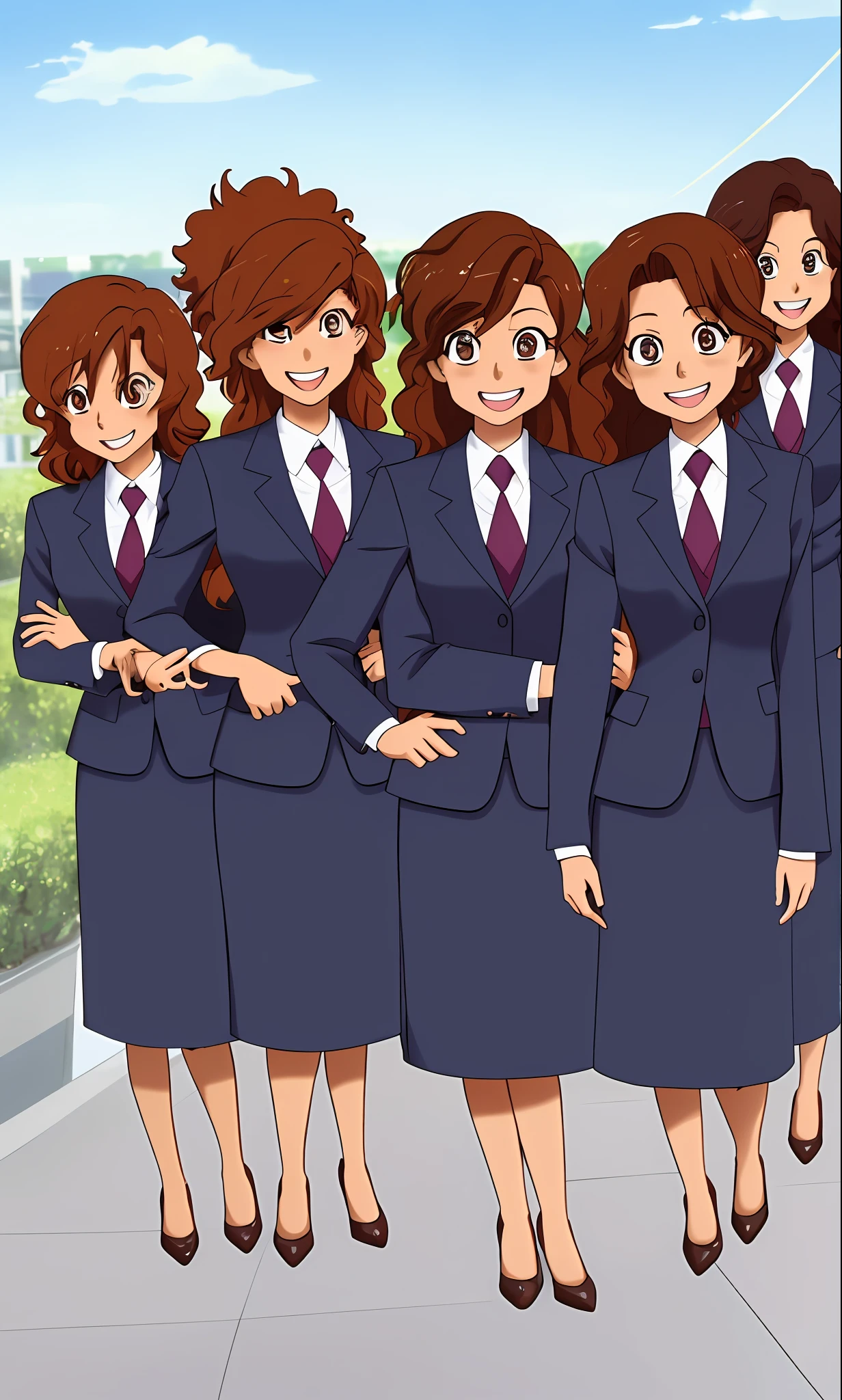 perfect anime illustration, 2girls, twins, identical sisters, brown hair, curly hair, long hair, matching hairstyle, hazel eyes, smiling, business attire, employee uniforms, blue skirt suit, black high heels, matching outfits, businesswomen, highres, full body, bare legs