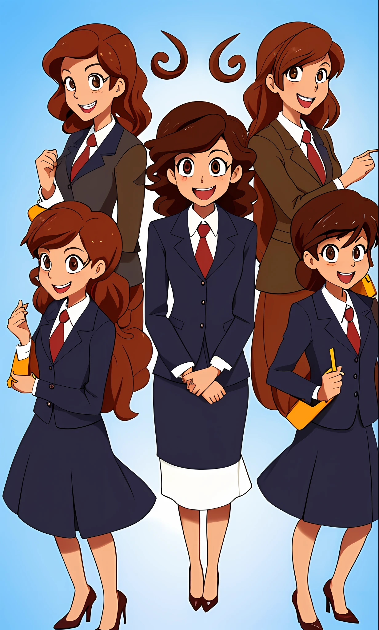 perfect anime illustration, 2girls, twins, identical sisters, brown hair, curly hair, long hair, matching hairstyle, hazel eyes, smiling, business attire, employee uniforms, blue skirt suit, black high heels, matching outfits, businesswomen, highres, full body, bare legs