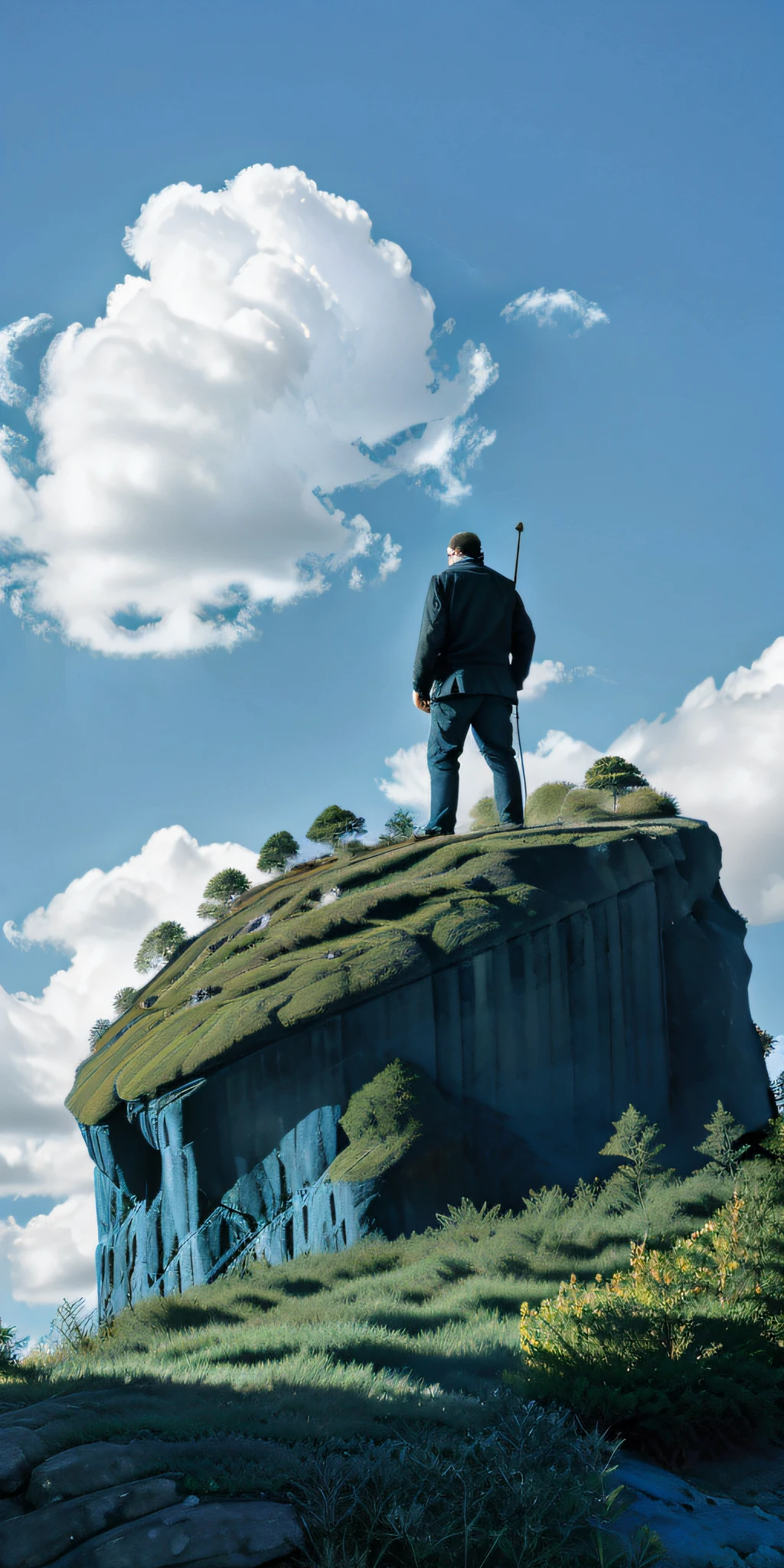 The clear blue sky above the verdant landscape, with a quiet man on top of a large stone looking out at the distant horizon. (Natural landscape, dynamic angle, azure sky: 1.2, forest: 0.8, depth of field: 1.2, silhouette of a man: 1.1, human face: 0.9, vibrant colors: 0.8)