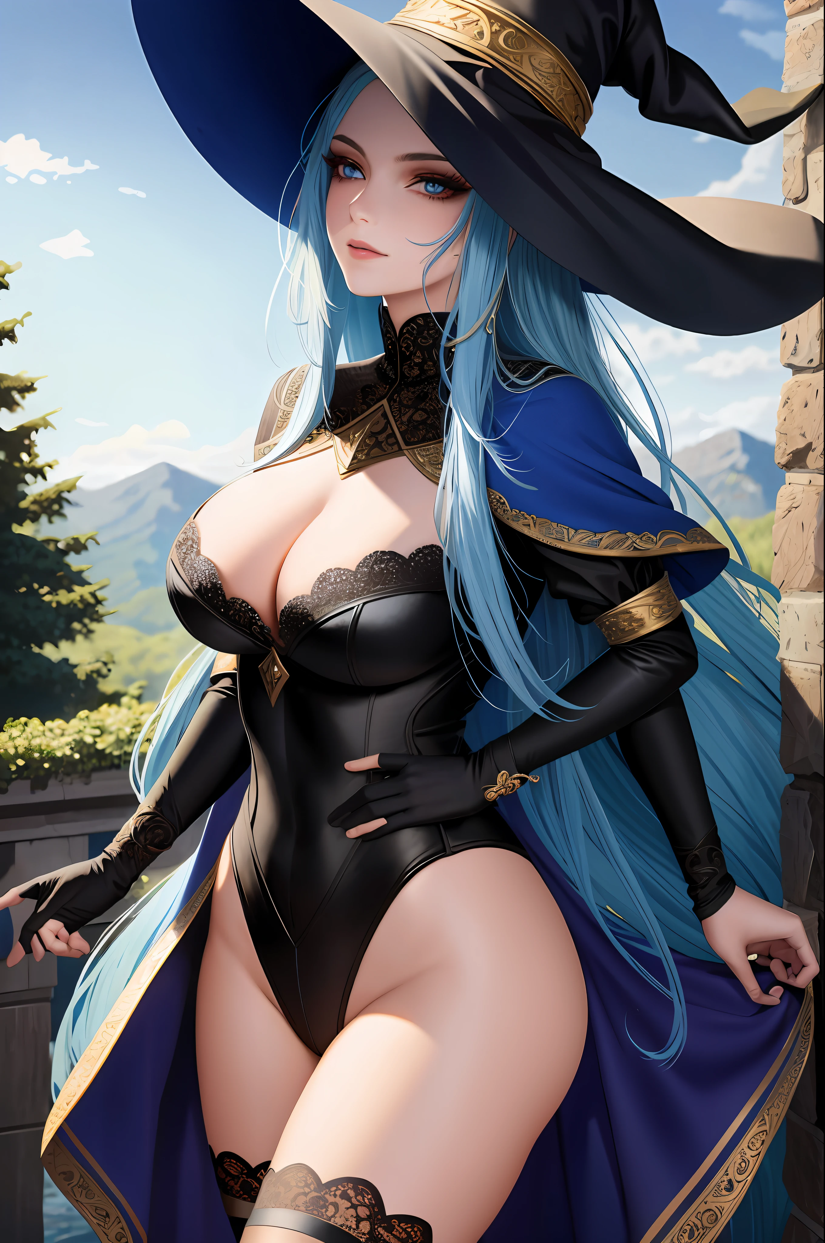 (masterpiece: 1.2), (best quality: 1.2), perfect eyes, perfect face, perfect lighting, 1girl, mature female, sorceress, witch hat, long blue hair, red eyes, hair in the wind, makeup, eyeshadow, thick eyelashes, lacy leotard, neckline, fingerless bridal gloves, black socks and bandages, skindentation, dark fantasy, dark, detailed outdoor background, night