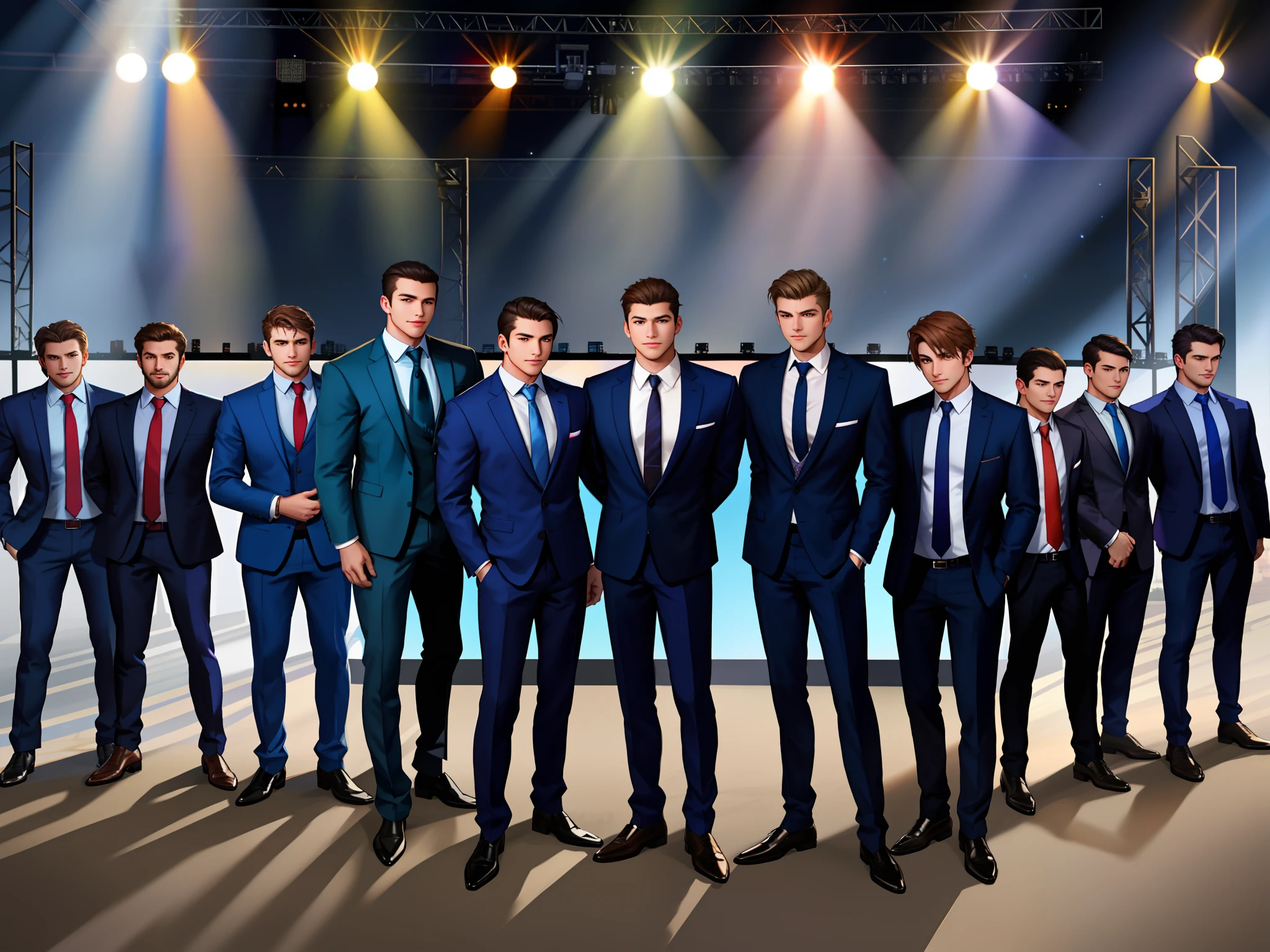 several men in suits and ties standing on a stage with a screen behind them, photo taken at night, high quality picture, full-body, full - body, group photo, beautiful image, taken in the night, album photo, high picture quality, in group photograph, by Jesús Mari Lazkano, foto, competition winning, from left, by david rubín