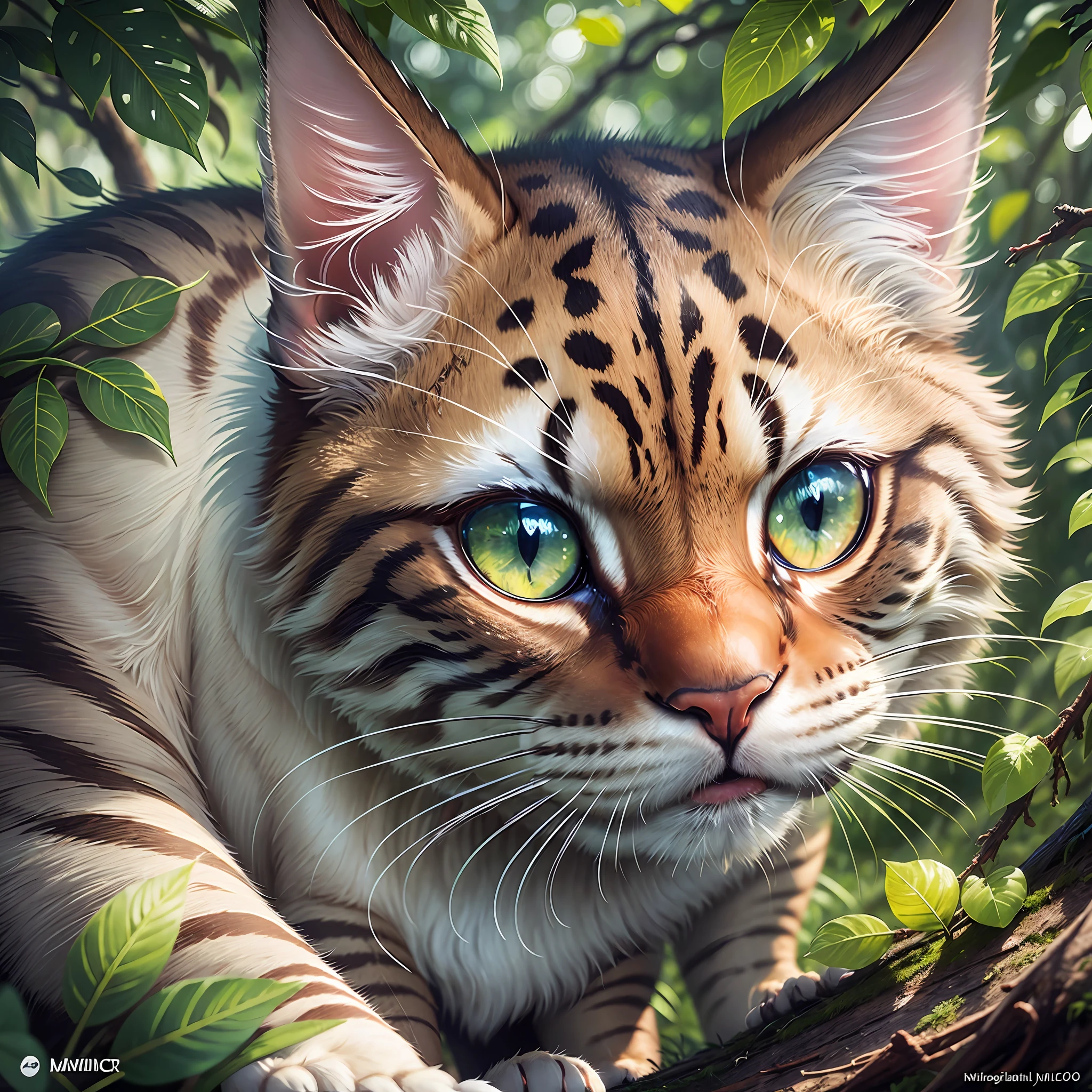 (ultra-realistic, centered image), dynamic angle, feline in a rainforest, [:(cloudy with patches of light+ glare:1.2):(morning sun:1.3)] --auto --s2