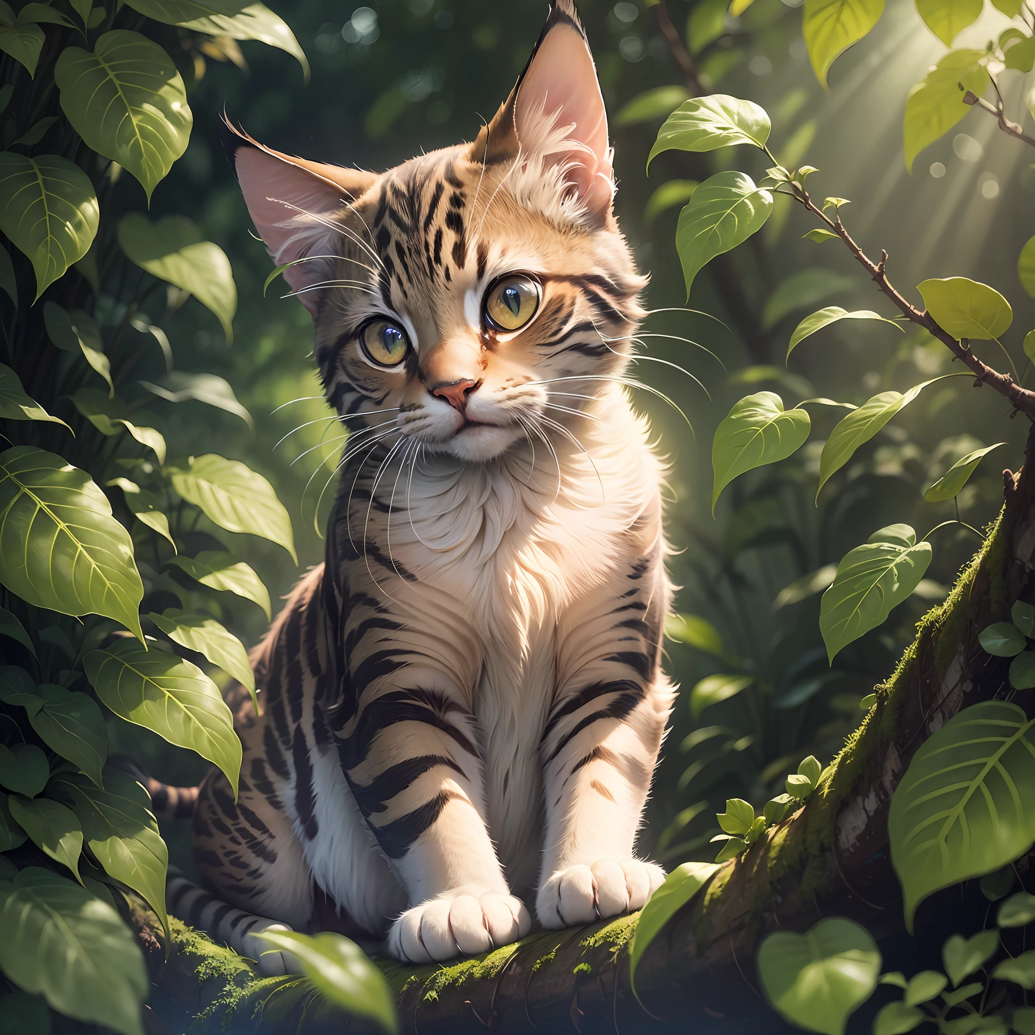 (ultra-realistic, centered image), dynamic angle, feline in a rainforest, [:(cloudy with patches of light+ glare:1.2):(morning sun:1.3)] --auto --s2