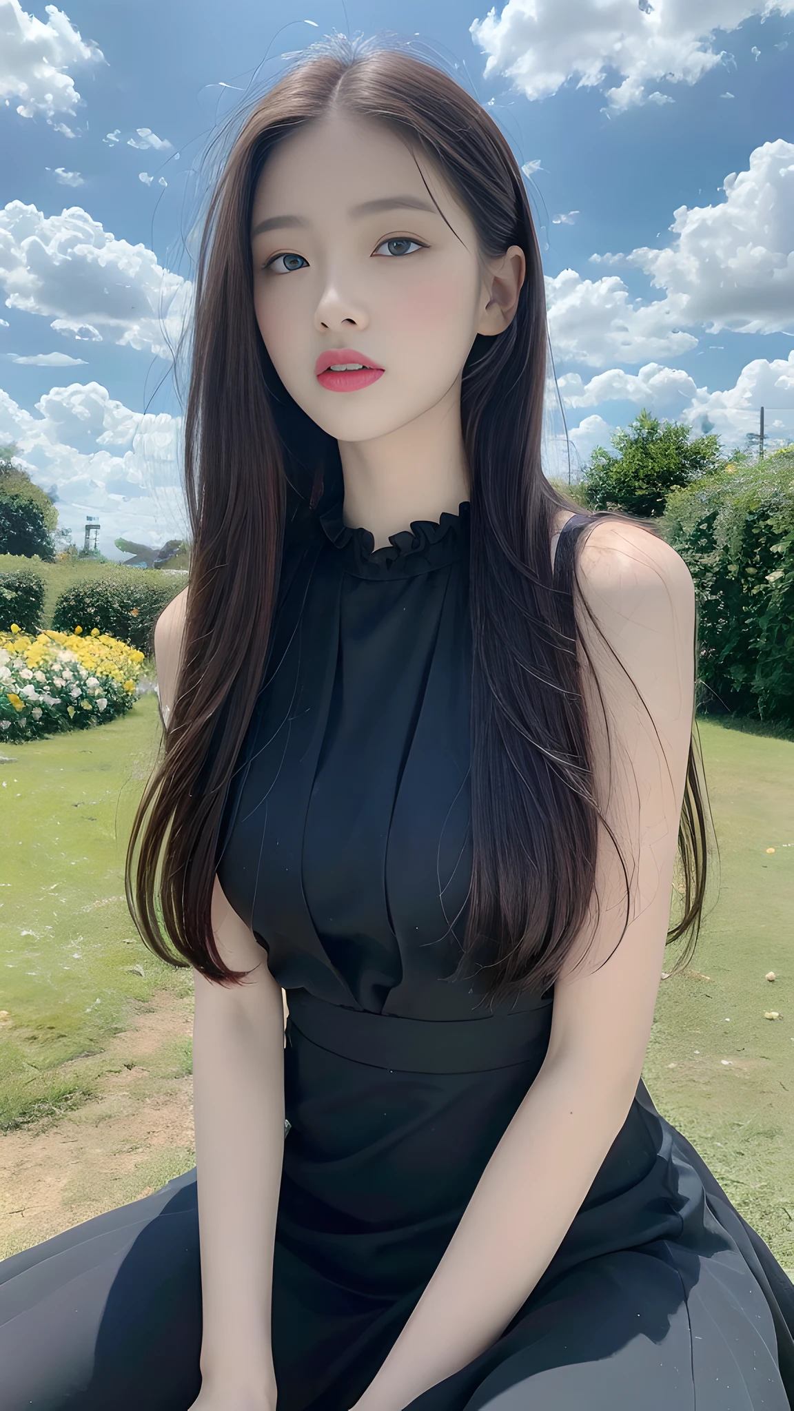 ((Best Quality, 8K, Masterpiece: 1.3)), A beautiful girl, pure, melon face, gentle and cute, thin body, closed lips, upper body leaning forward, long hair shawl, black silky long hair, (adapted costume:1.21), alternate costume, looking down, frilled dress, blue dress, sleeveless dress, looking at viewer, very long hair round black big eyes, clear big eyes, moist red lips, sweet, sitting, blue sky and white clouds, sunlight, flower background,