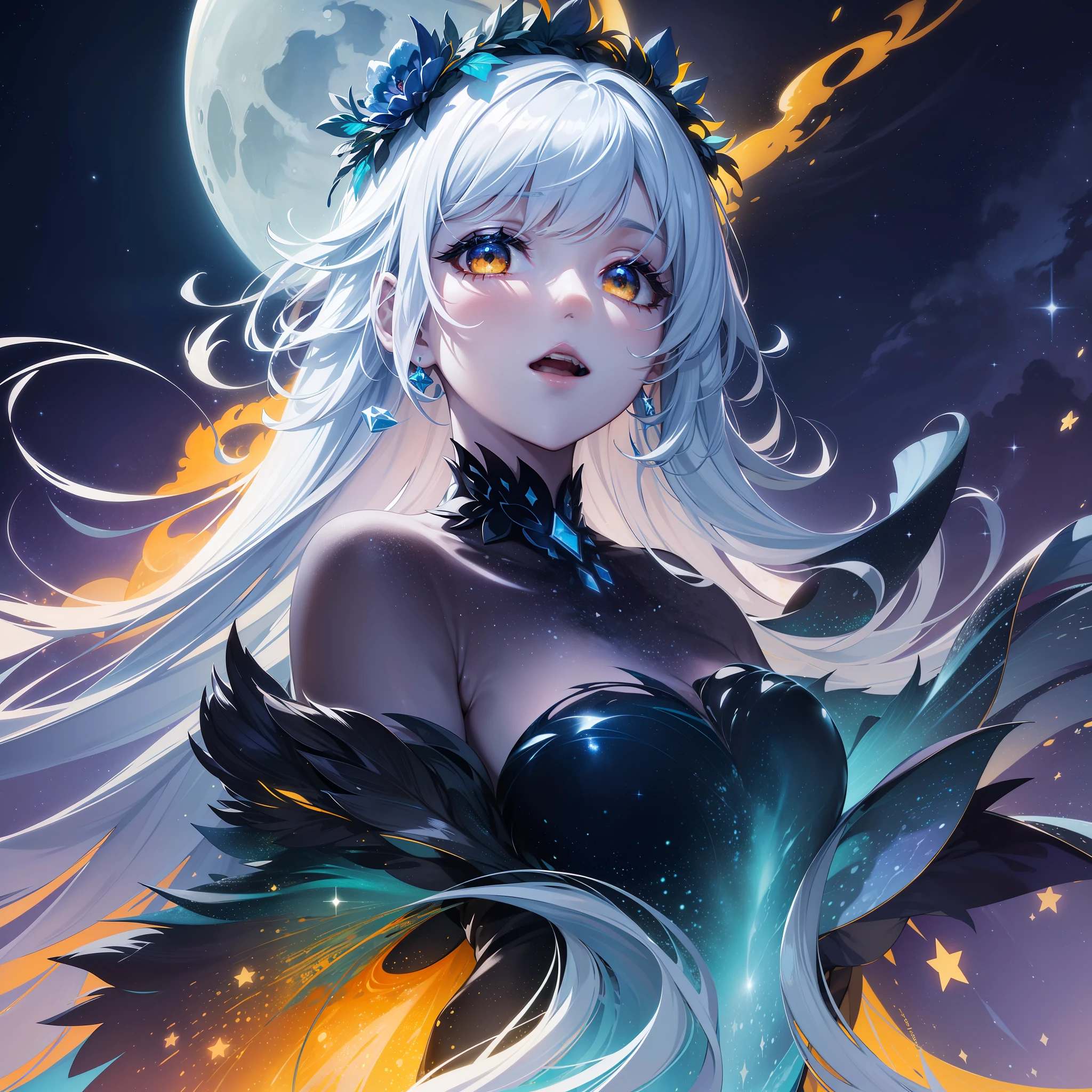 The Moon shines brightly in the night sky, enveloped by a stellar mantle of vibrant and dazzling colors. Its silvery glow contrasts with the deep black of the cosmos, creating an aura of mystery and magic. The surrounding stars dance in bold shades of sky blue, radiant yellow, fiery red, and vibrant green, as if they were cosmic flames that illuminate infinity