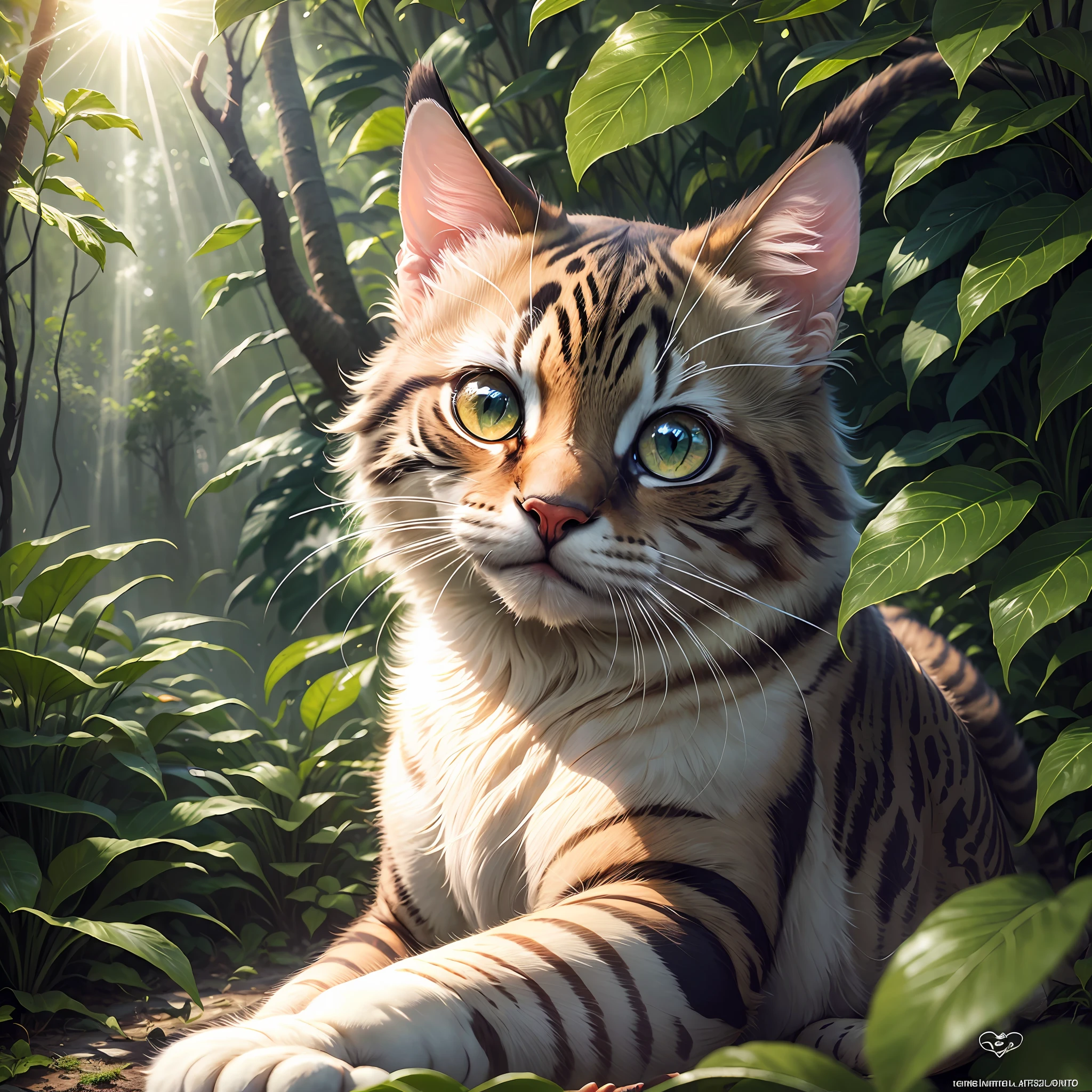 (ultra-realistic, centered image), dynamic angle, feline in a rainforest, [:(cloudy with patches of light+ glare:1.2):(morning sun:1.3)] --auto --s2