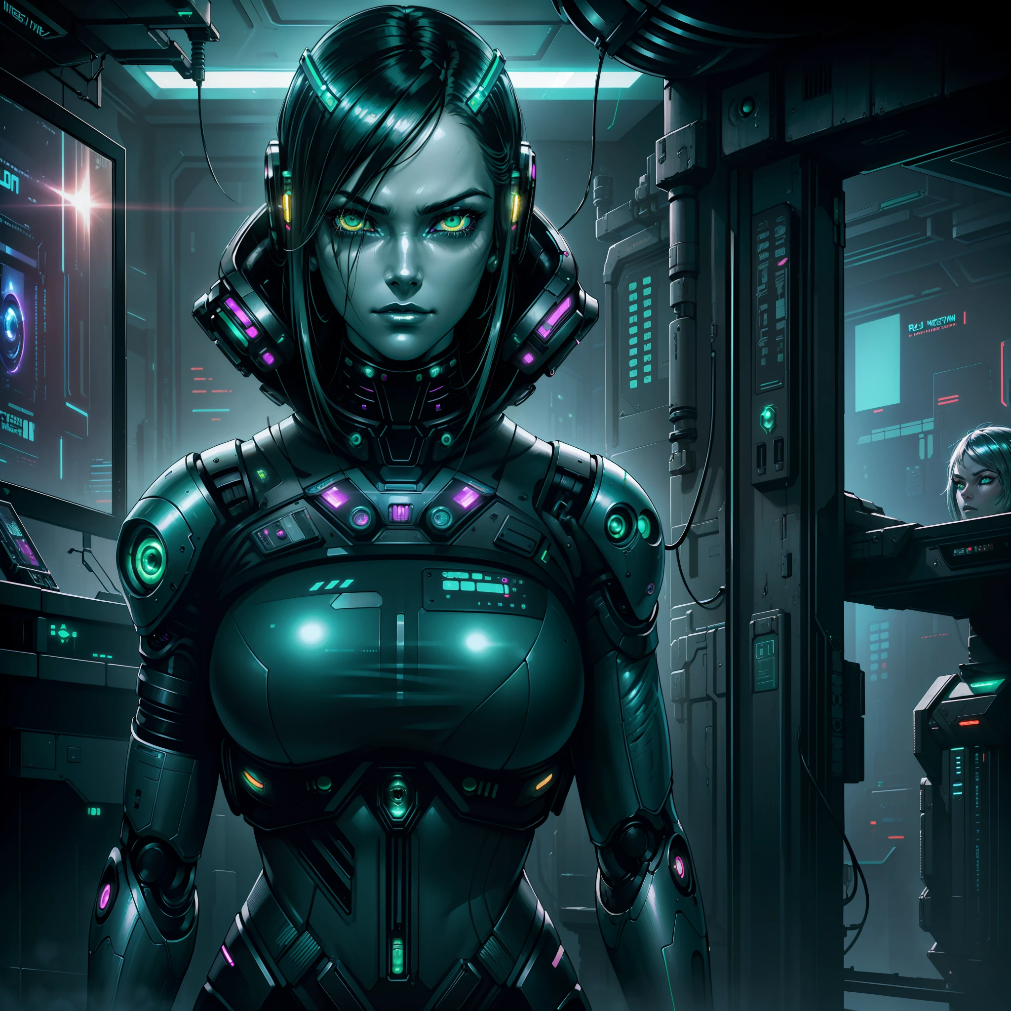 "(android woman:1) (1woman), dark theme :: focus on closeup face, expressionless face, :: long black hair, (((green robotic eyes lit)))), (((metallic skin))), (((blane runner replicant)))), (((without clothes))) :: ultra realistic futuristic scifi woman android cyberpunk, ((background lab room with many computer screens, scifi cyberpunk high tech)) :: (((cool cyberpunk metalic female android))) :: natural lighting :: bokeh :: 8k :: best quality :: masterpiece :: insanely detailed:1.5"